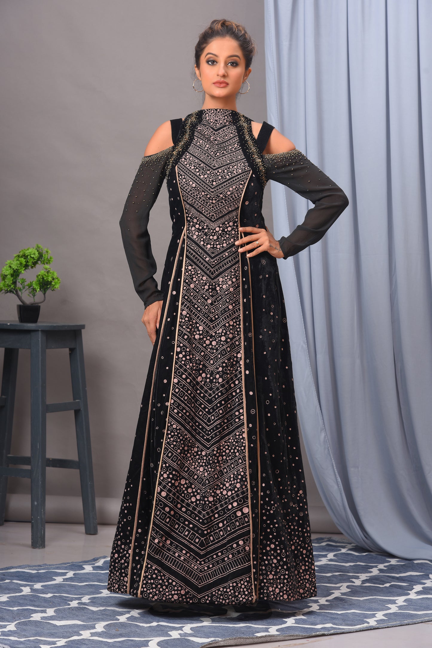 Black Georgette Embroidered Cold Shoulder Gown