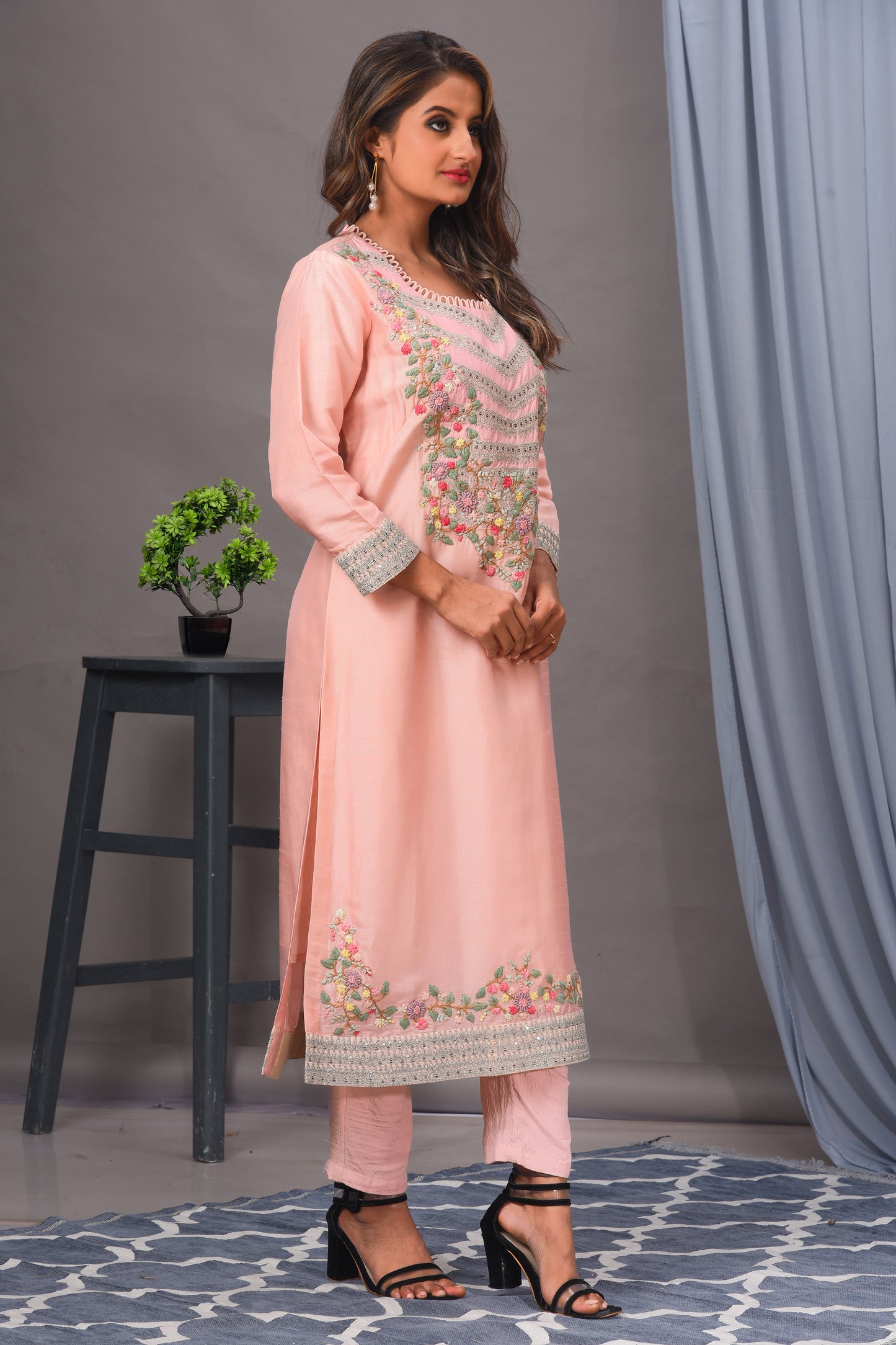 Peach Bamberg Silk Embroidered Straight Kurta Set
