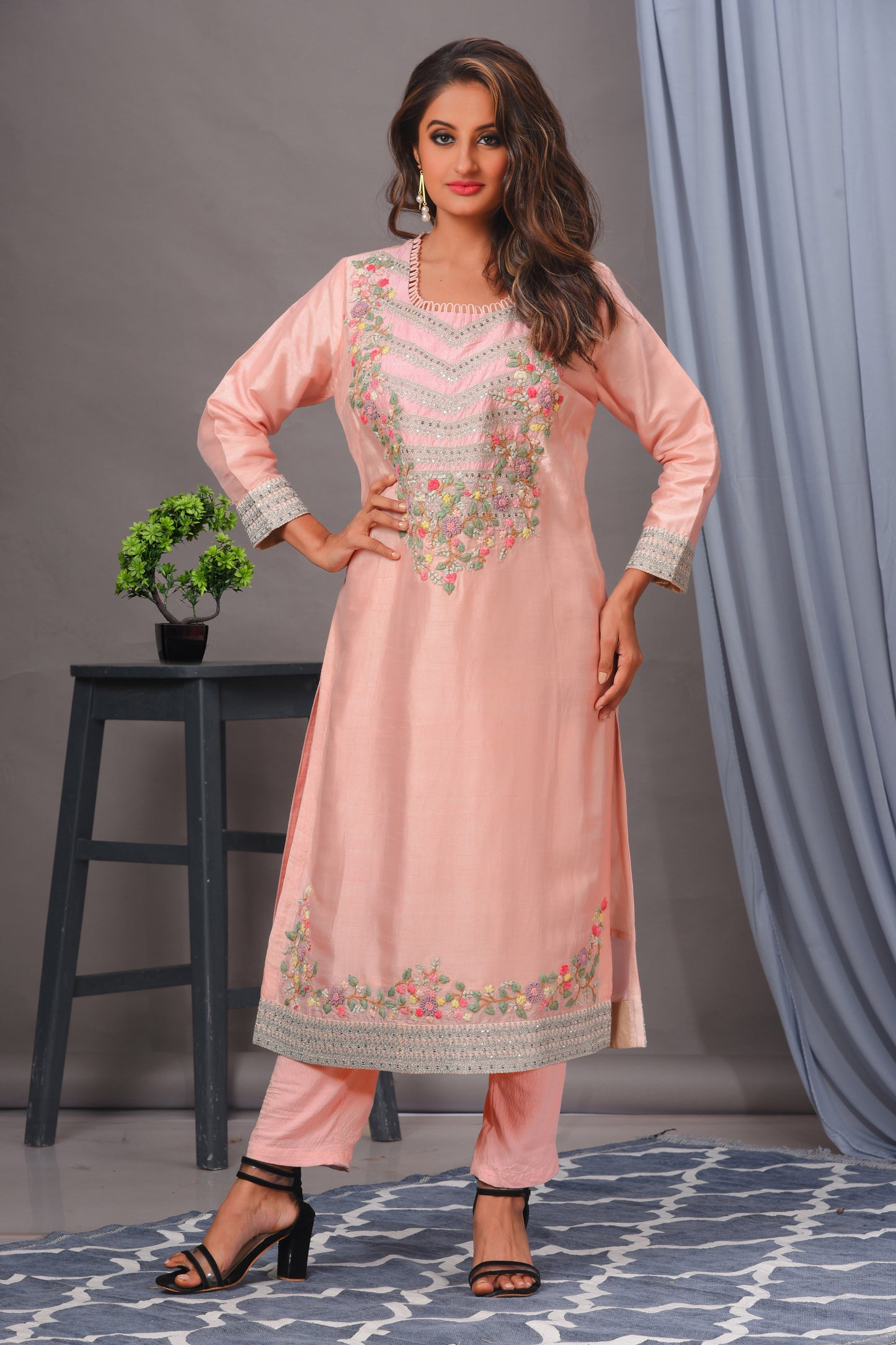 Peach Bamberg Silk Embroidered Straight Kurta Set