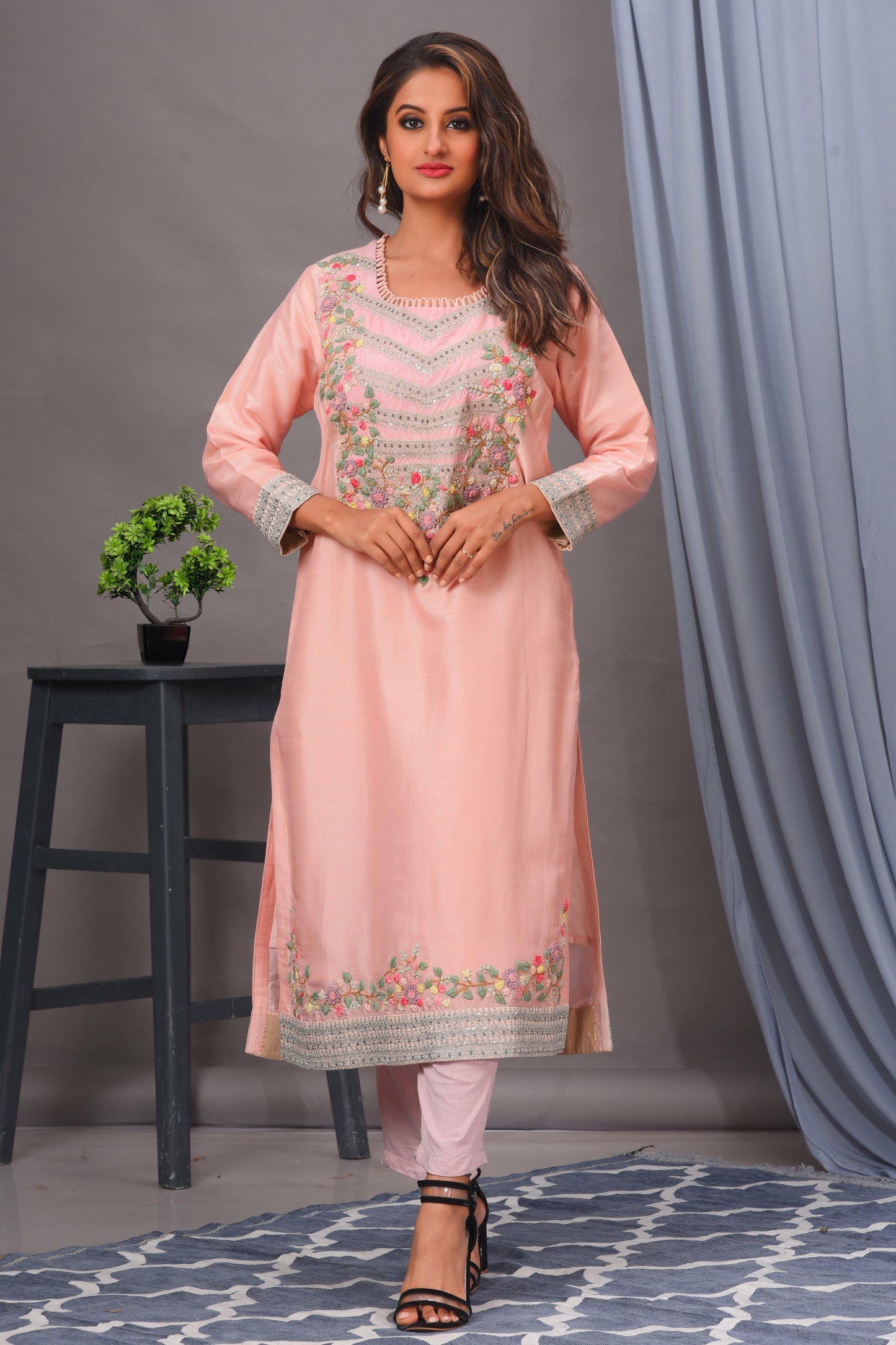Peach Bamberg Silk Embroidered Straight Kurta Set