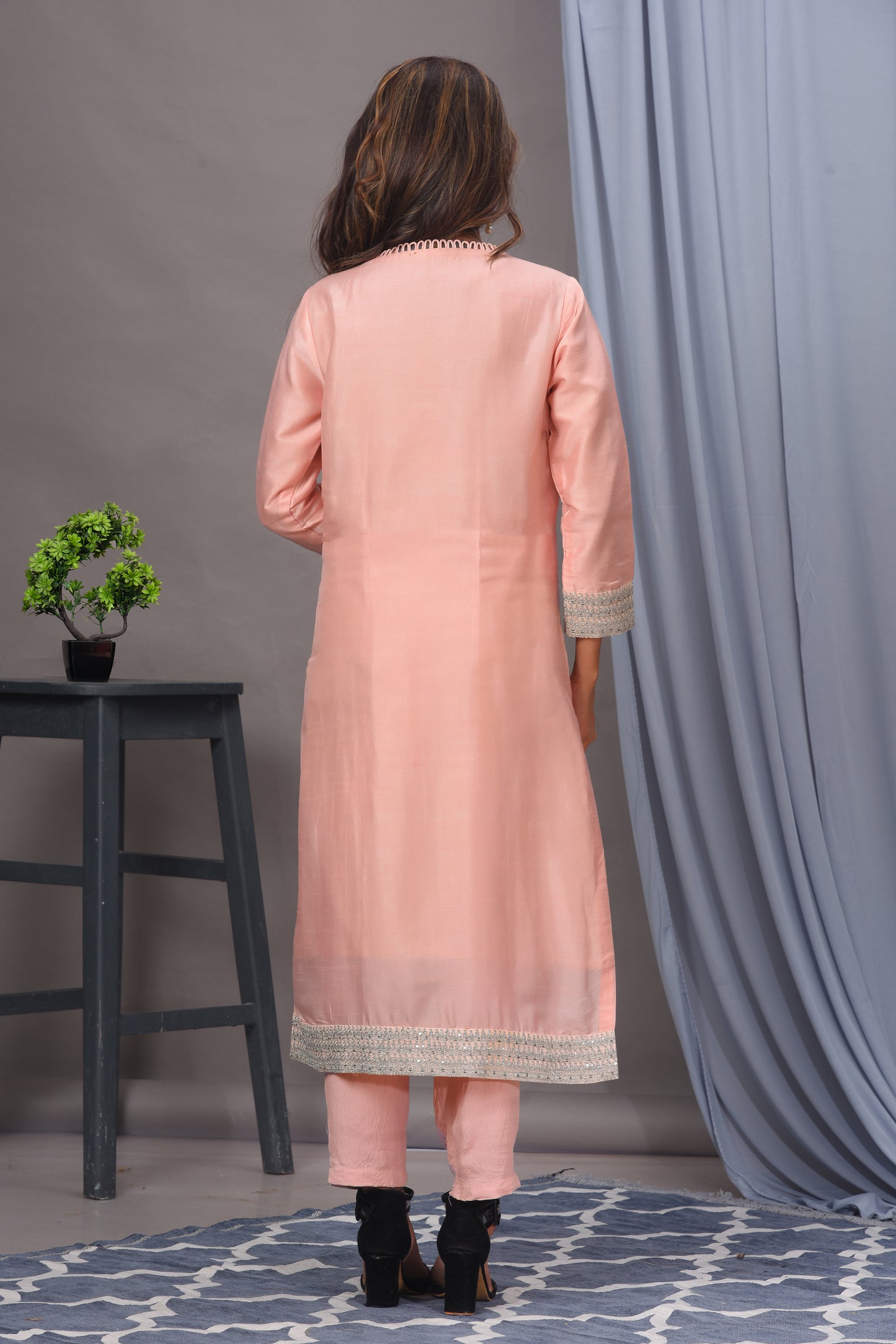 Peach Bamberg Silk Embroidered Straight Kurta Set