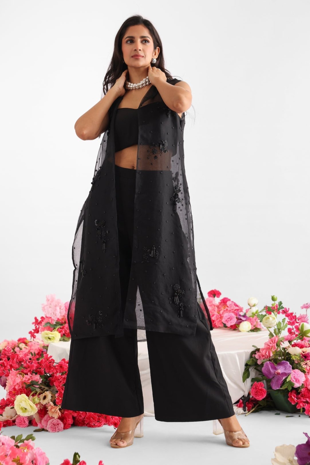 Long Black Organza Embroidered Jacket Set
