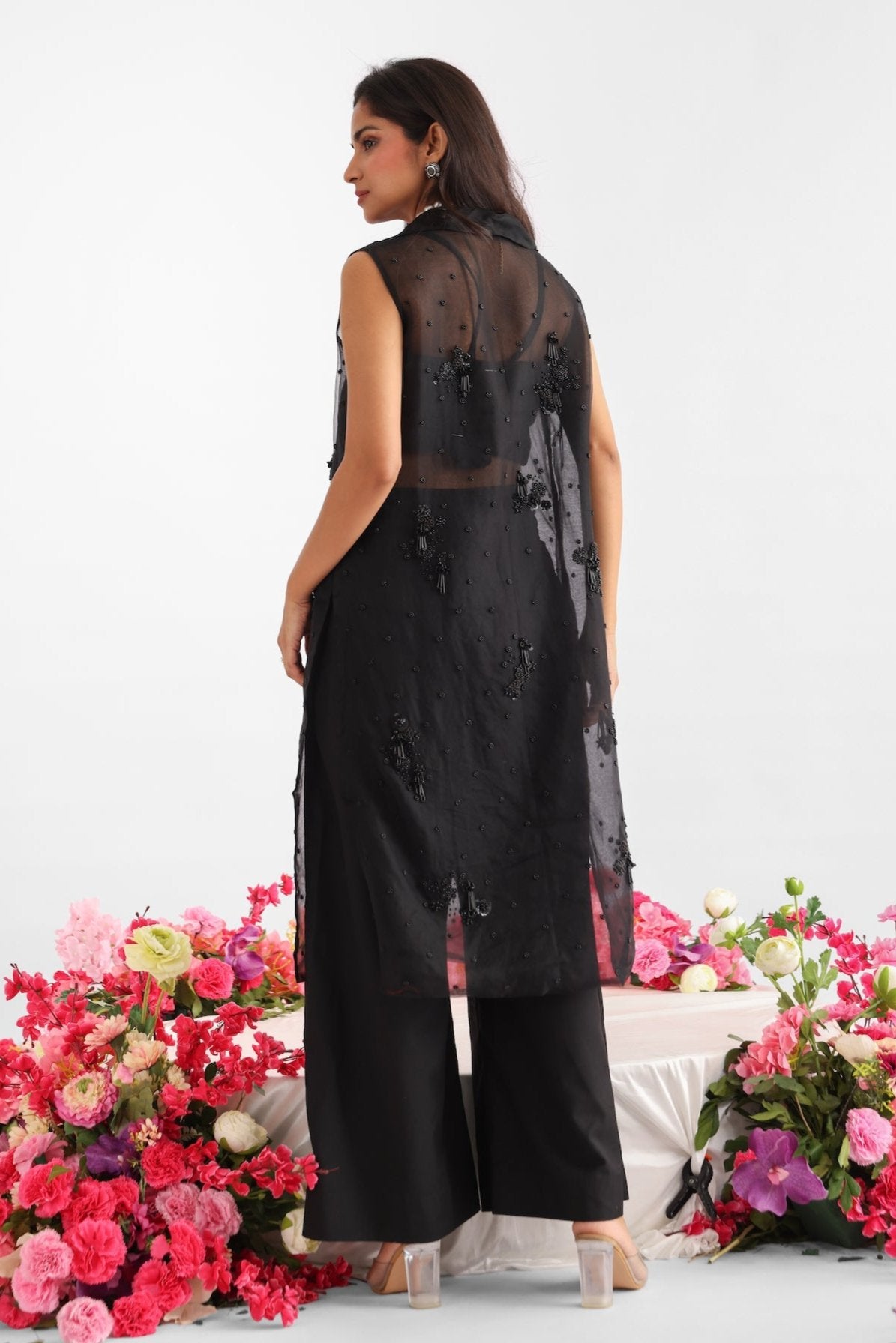 Long Black Organza Embroidered Jacket Set