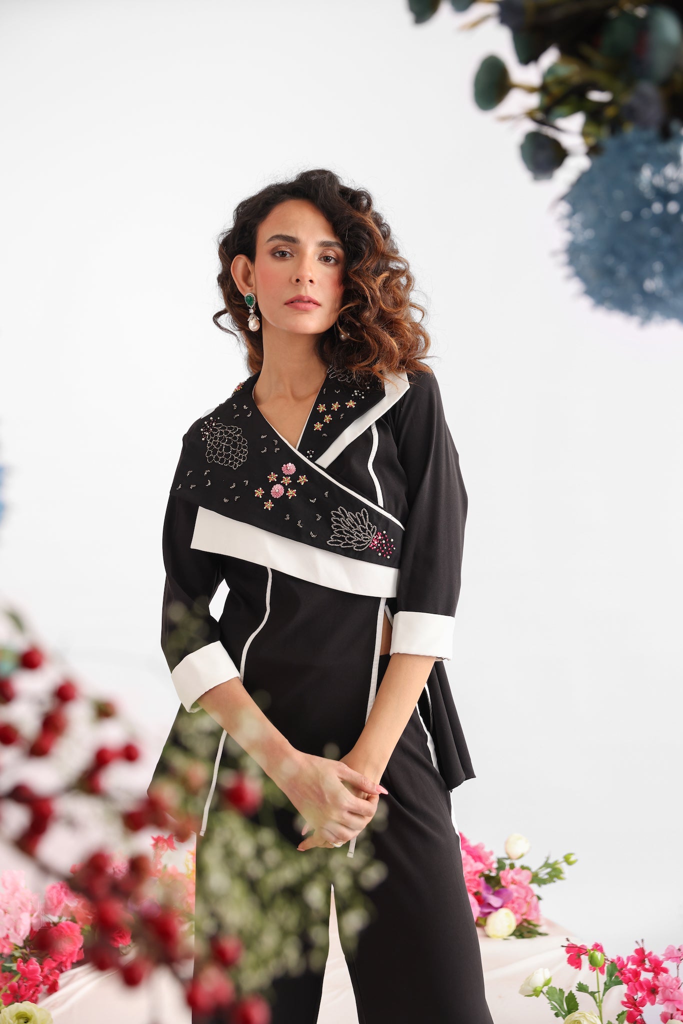 Black Overlap Embroidered Jacket Styled Top & Pant Co-ord Set