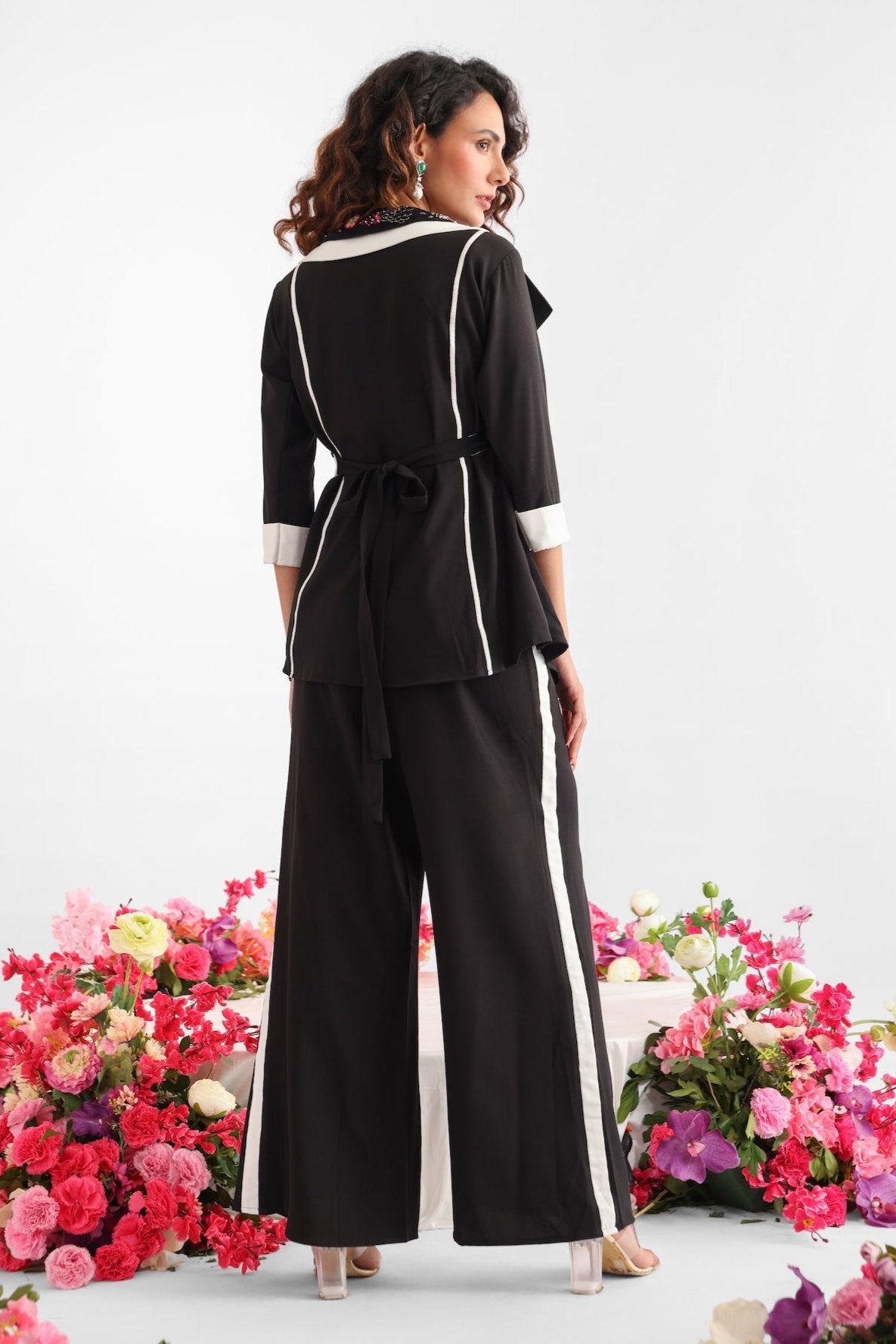 Black Overlap Embroidered Jacket Styled Top & Pant Co-ord Set