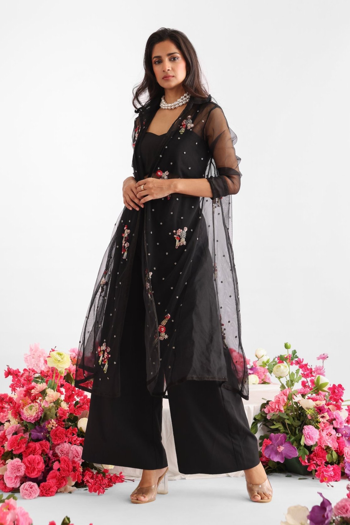 Black Embroidered Midnight Bloom Net Jacket Set