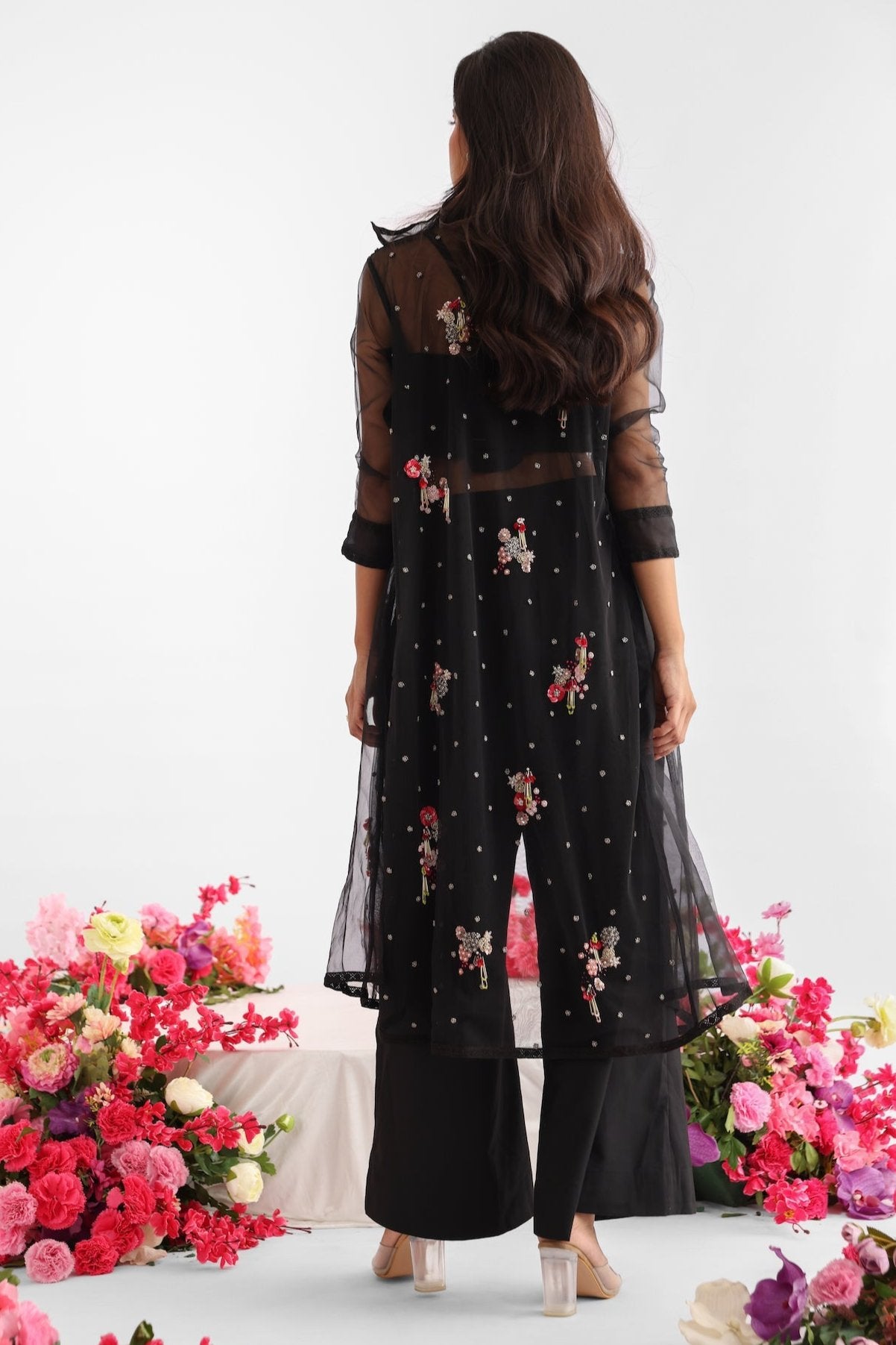 Black Embroidered Midnight Bloom Net Jacket Set