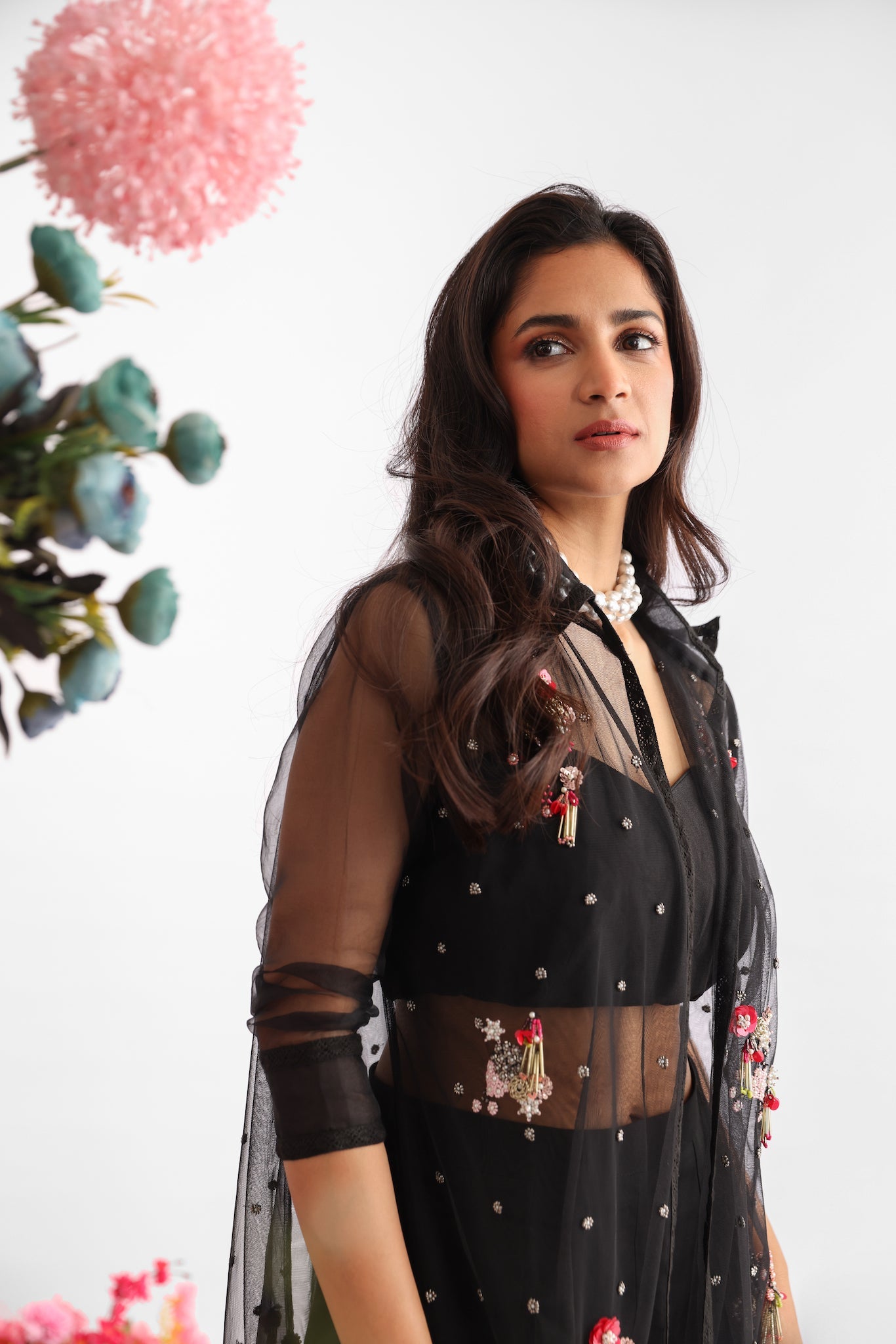 Black Embroidered Midnight Bloom Net Jacket Set