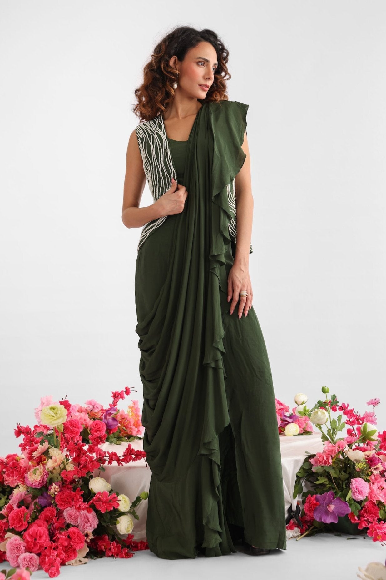 Embroidered Bottle Green Ruffled Saree Set