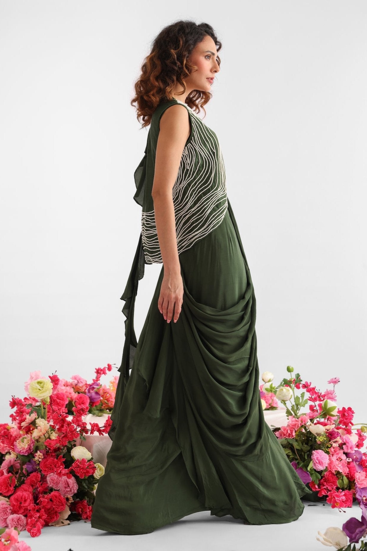 Embroidered Bottle Green Ruffled Saree Set