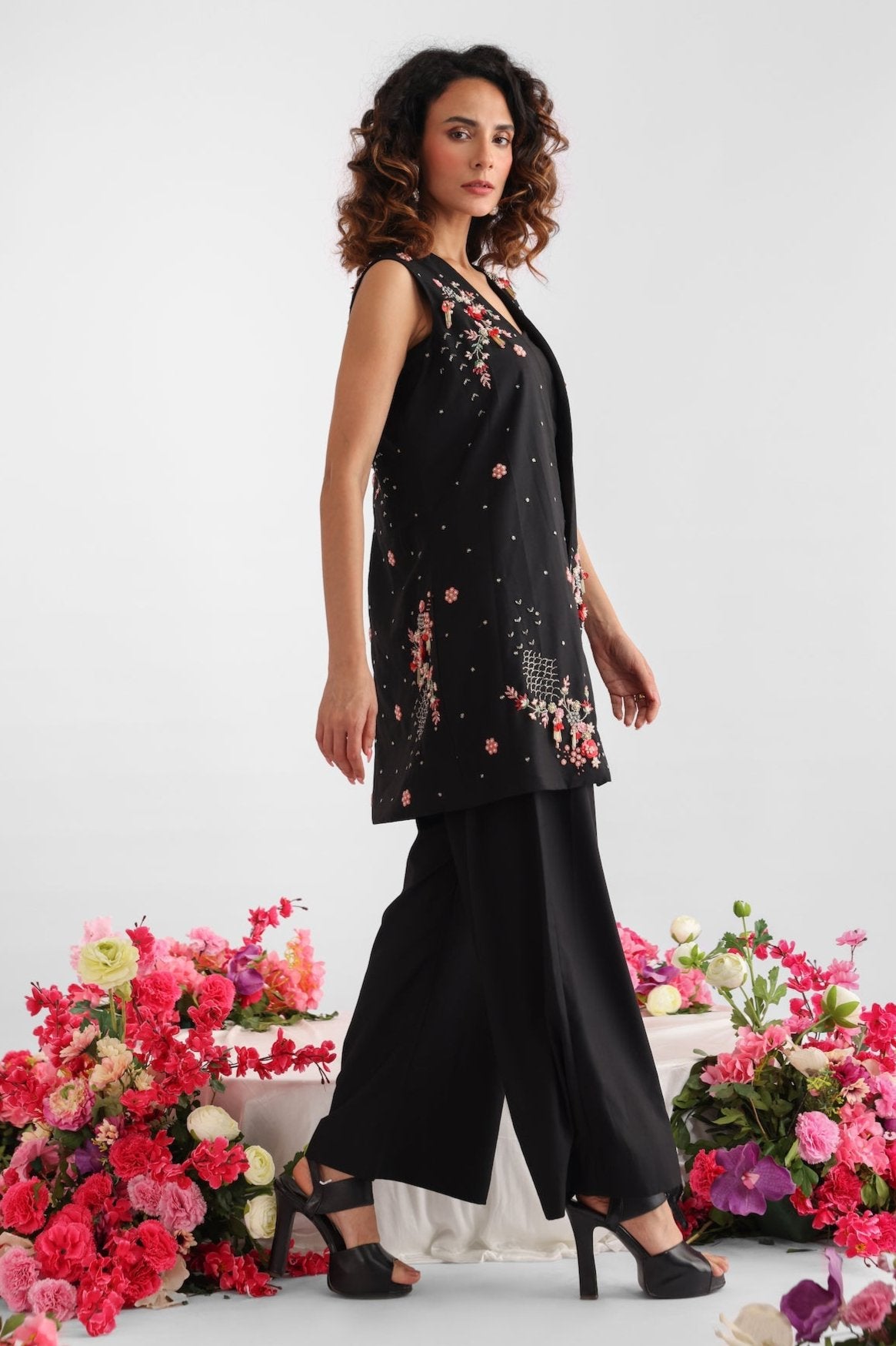 Black Embroidered Long Coat Co-ord Set