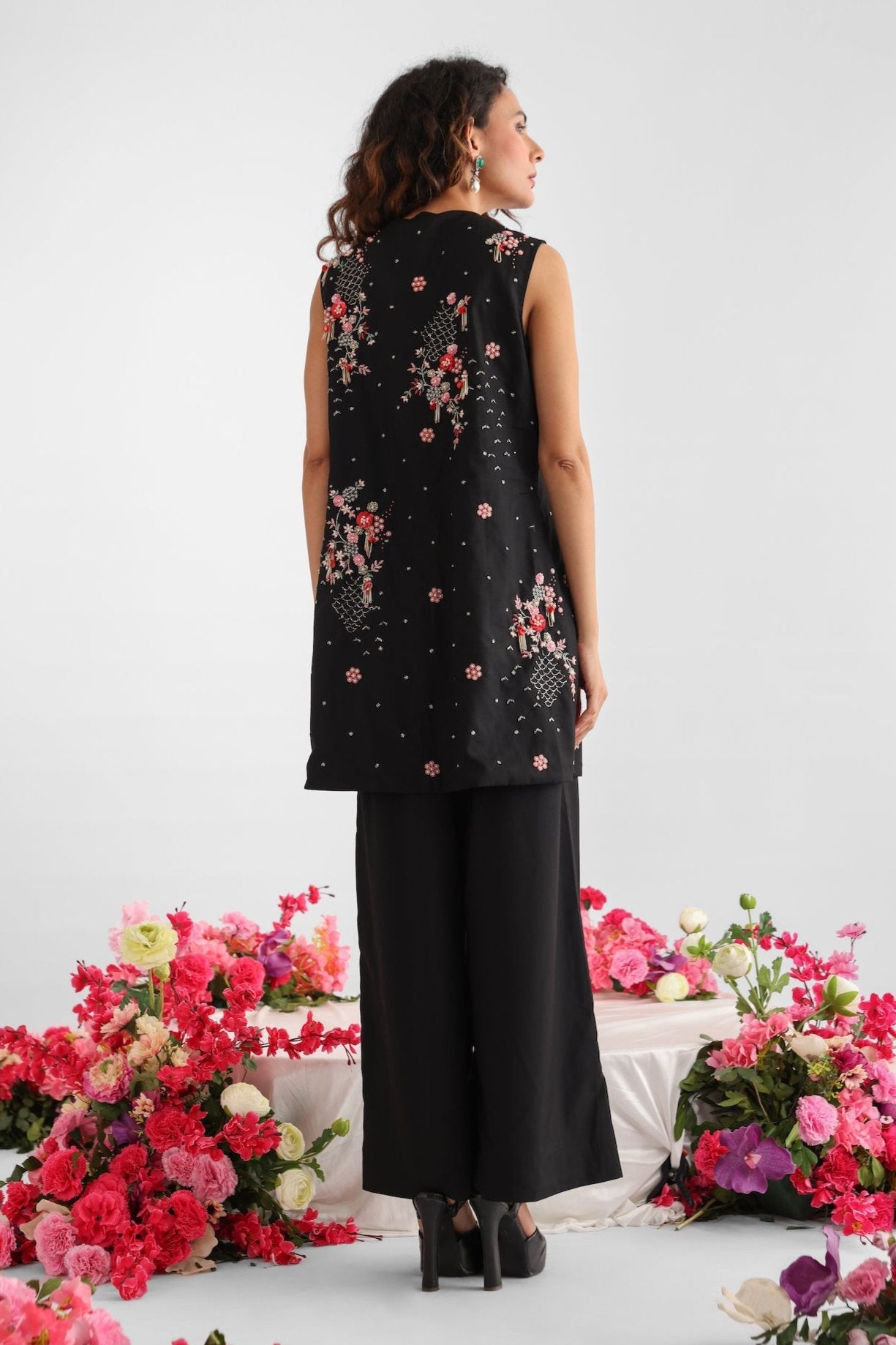 Black Embroidered Long Coat Co-ord Set
