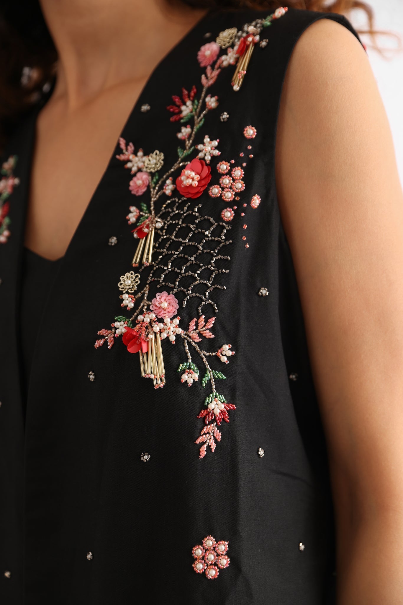Black Embroidered Long Coat Co-ord Set
