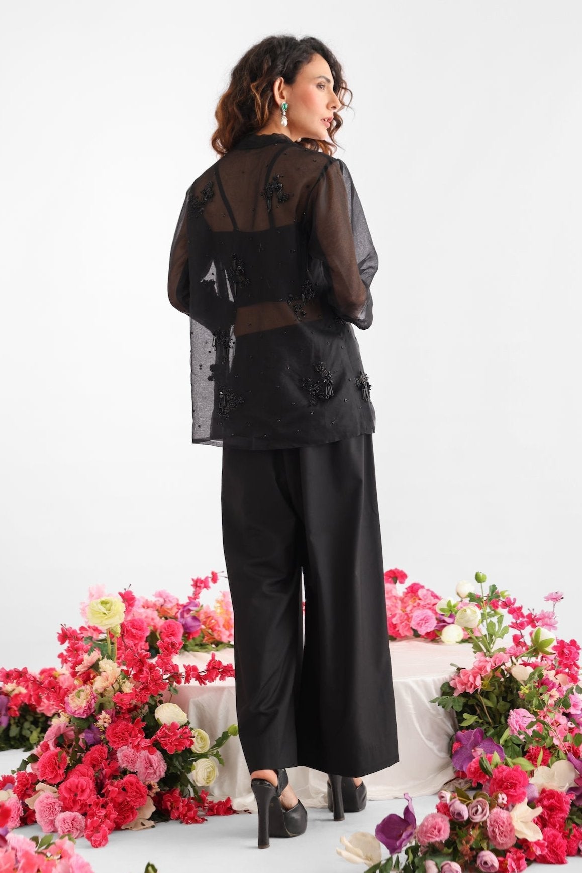 Black Beaded Organza Jacket Set