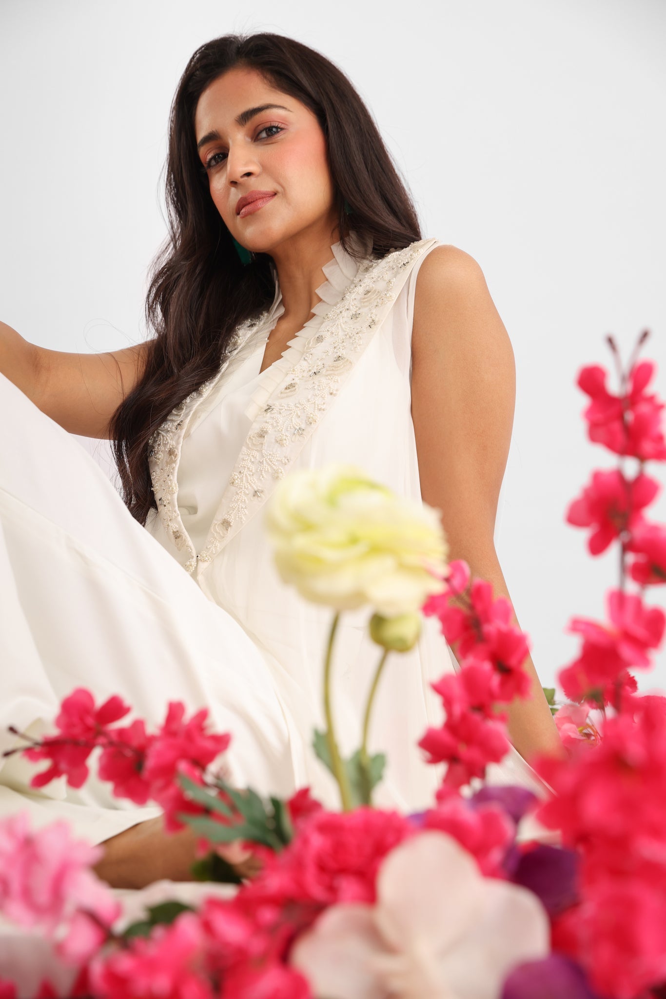 White Floral Embroidered Georgette Cape Set