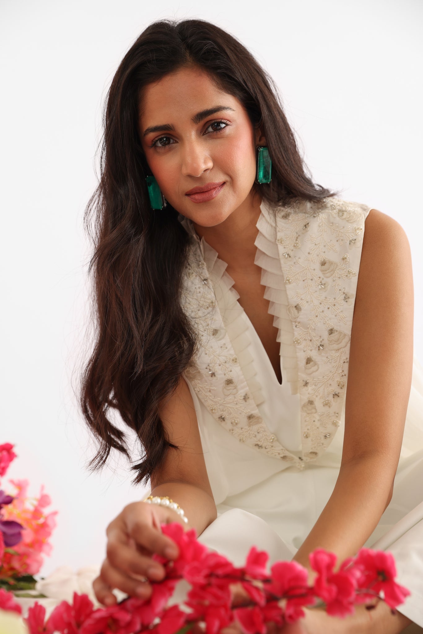 White Floral Embroidered Georgette Cape Set