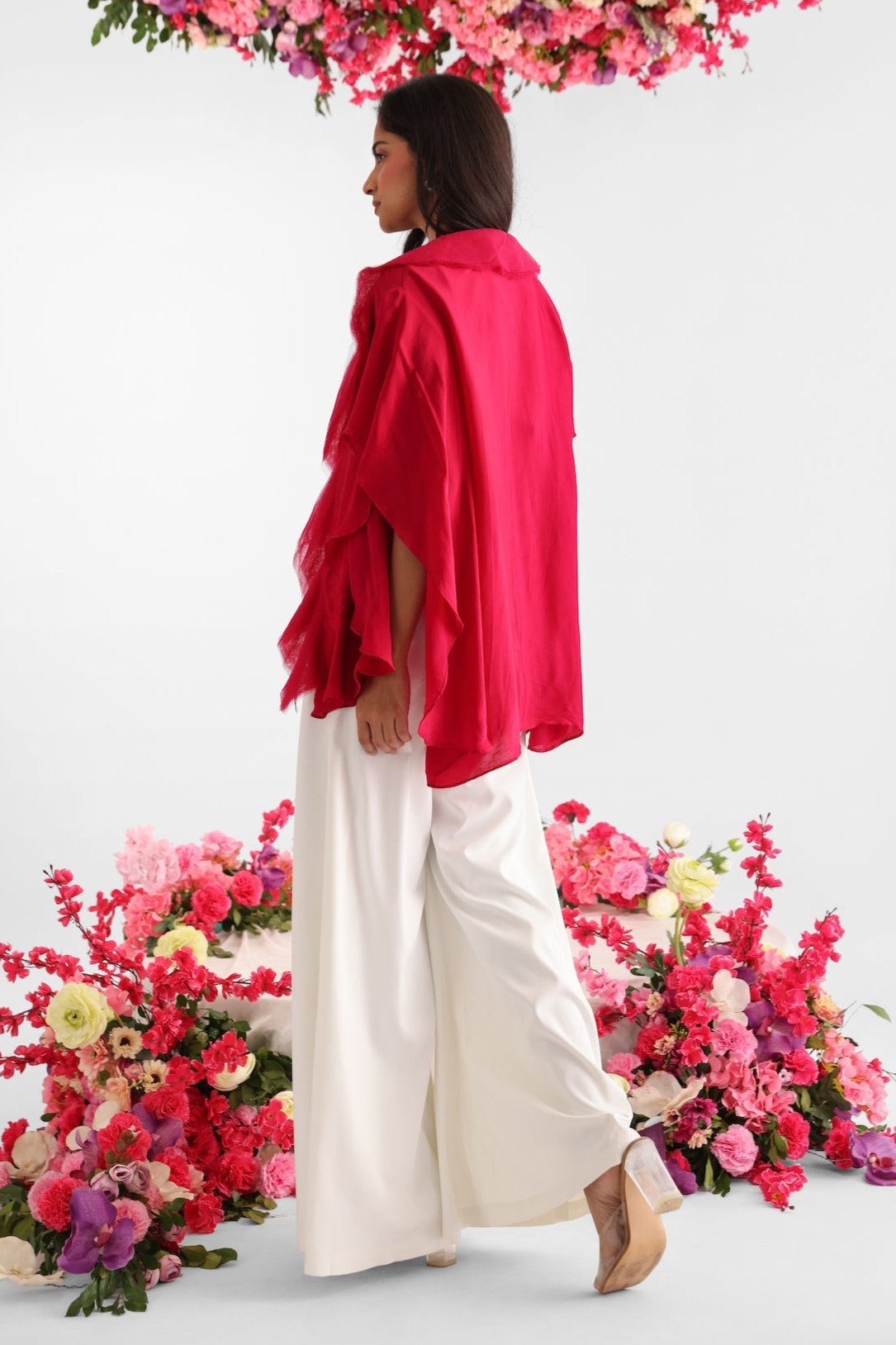 Pink Layered Net And Bamberg Satin Jacket With Palazzo Set