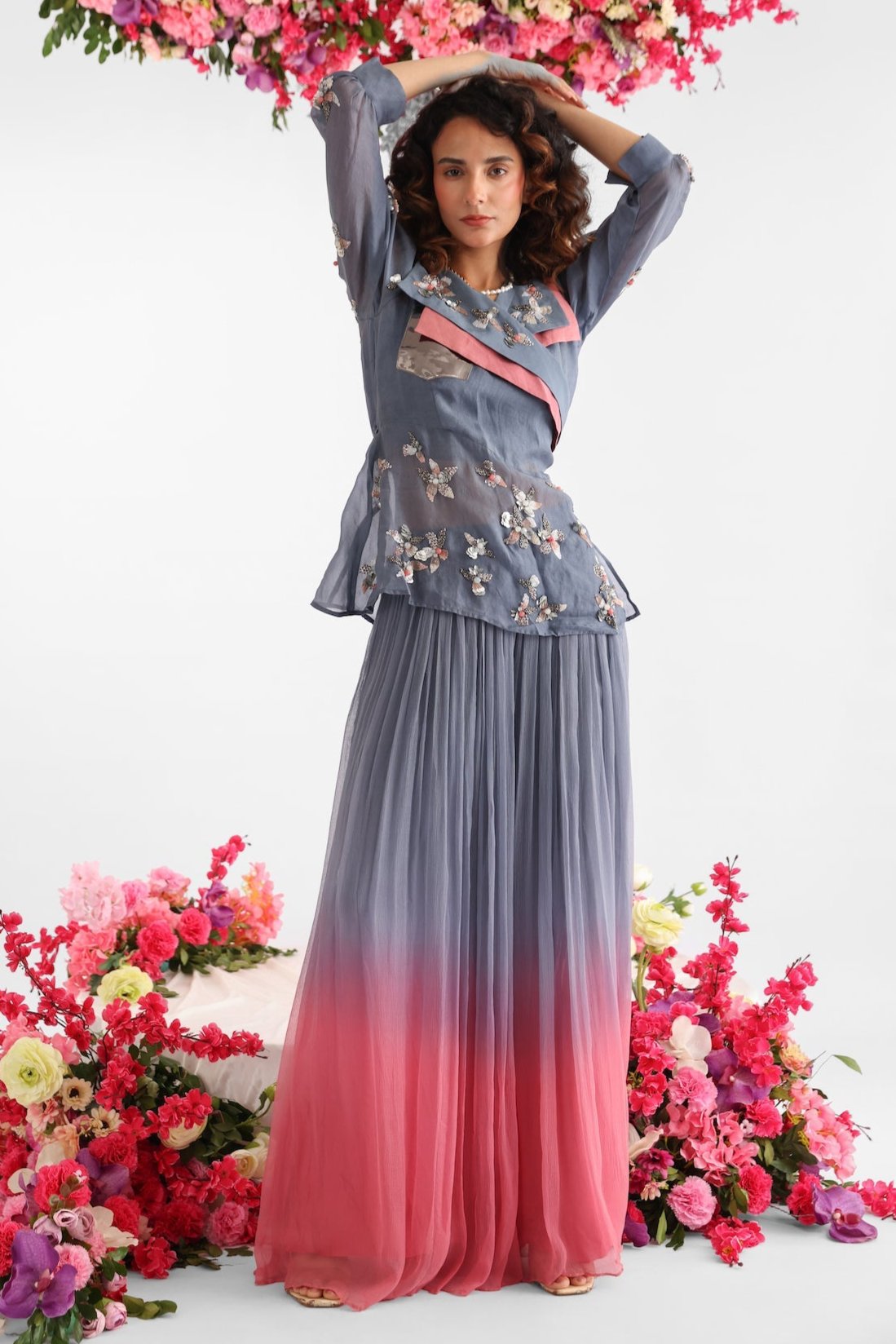 Grey Embroidered Jacket Styled Sharara Set