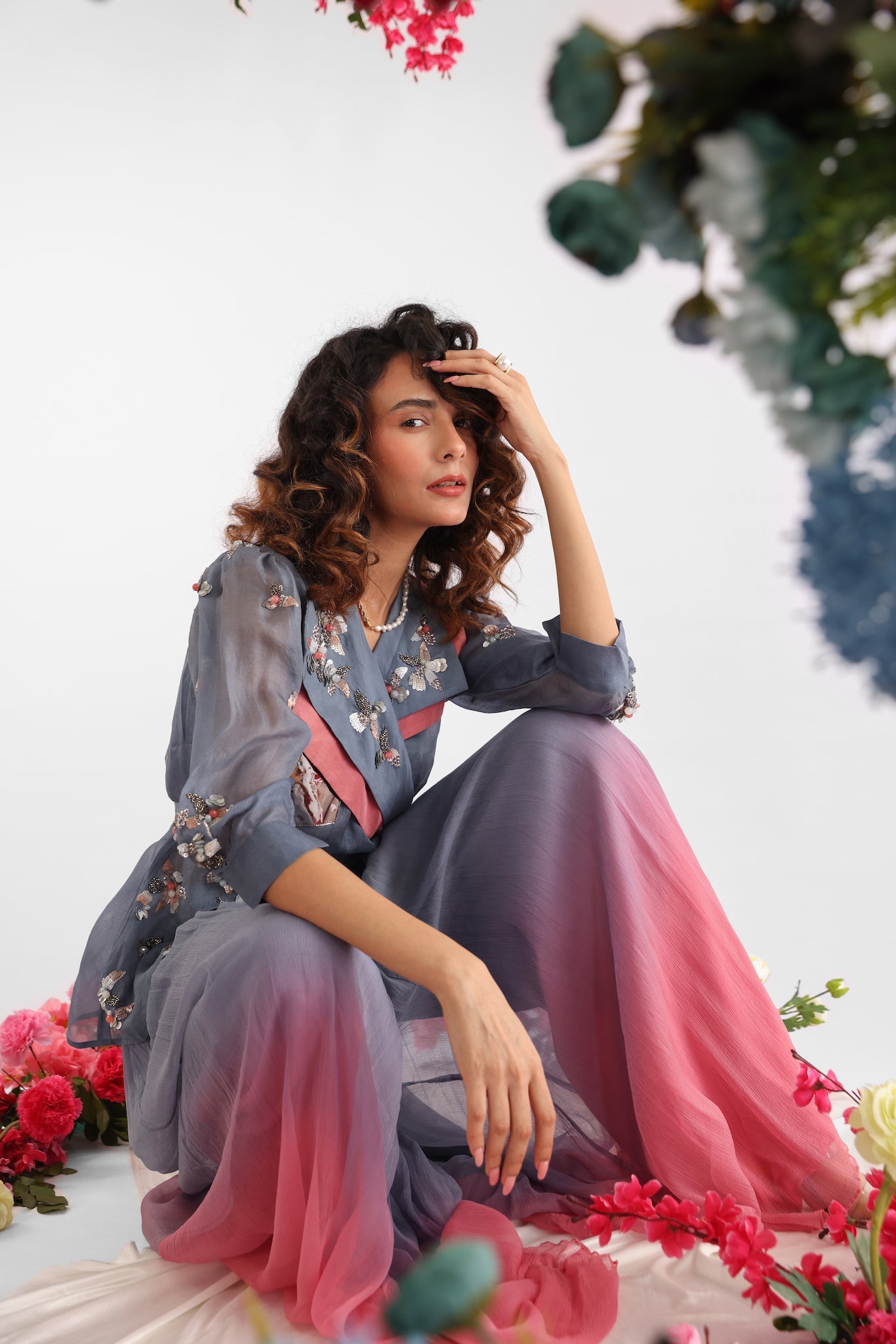 Grey Embroidered Jacket Styled Sharara Set