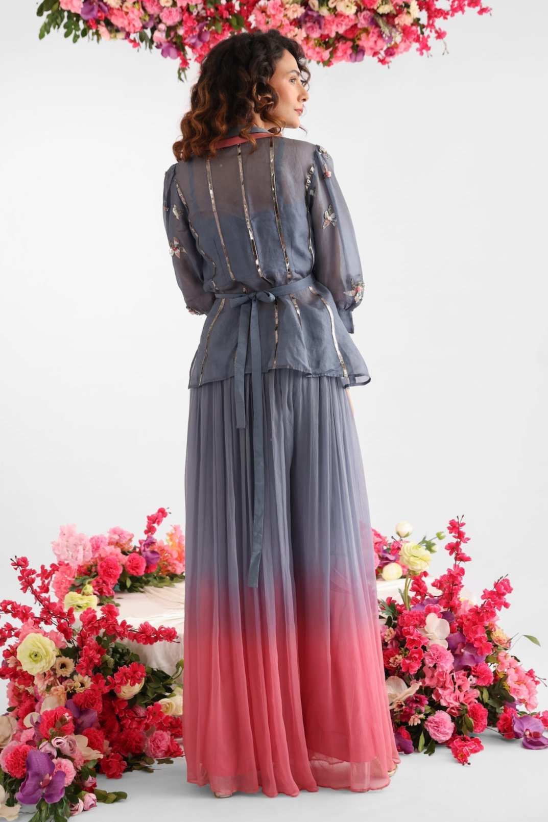 Grey Embroidered Jacket Styled Sharara Set