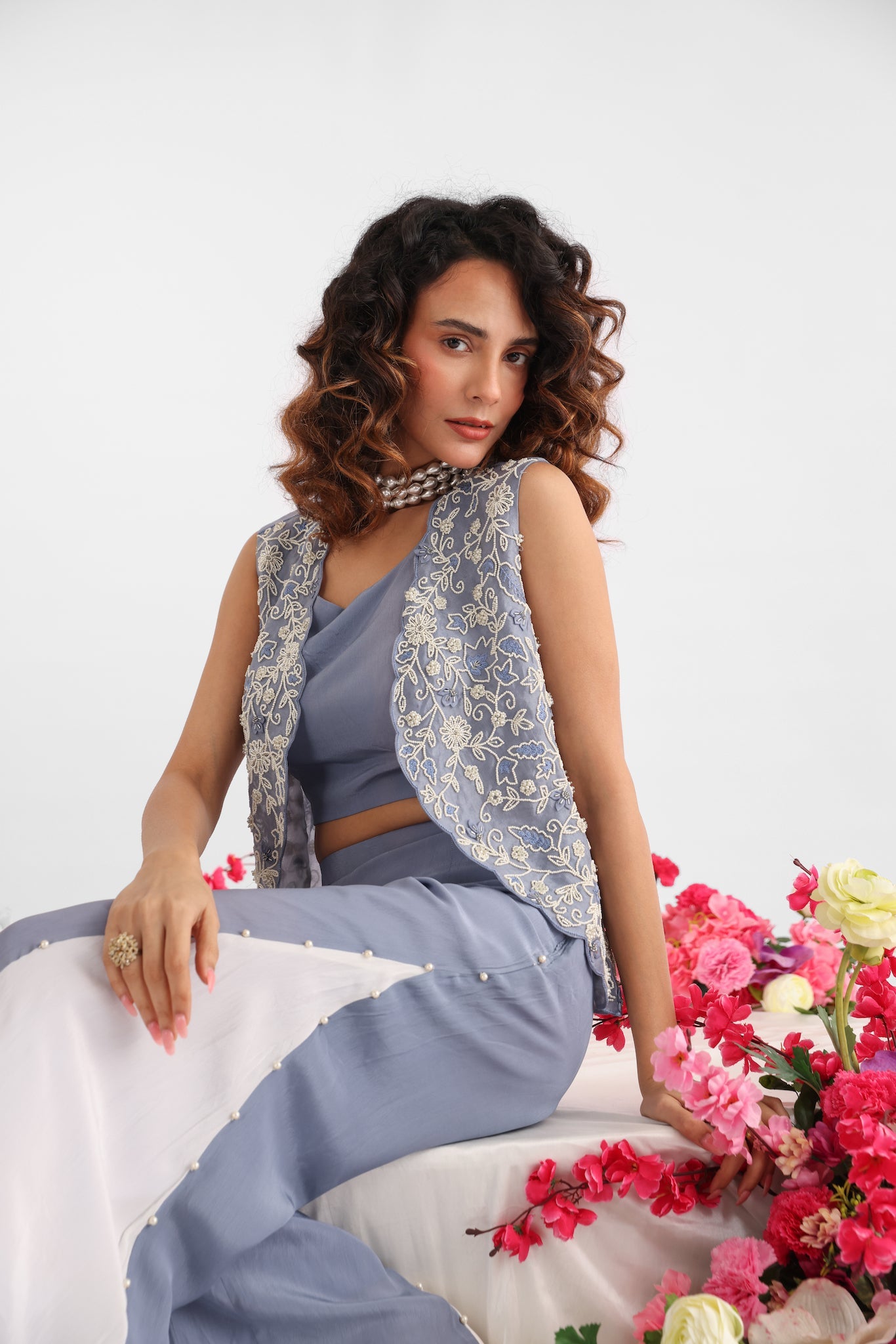 Icy Blue Organza Jacket And Pant Set
