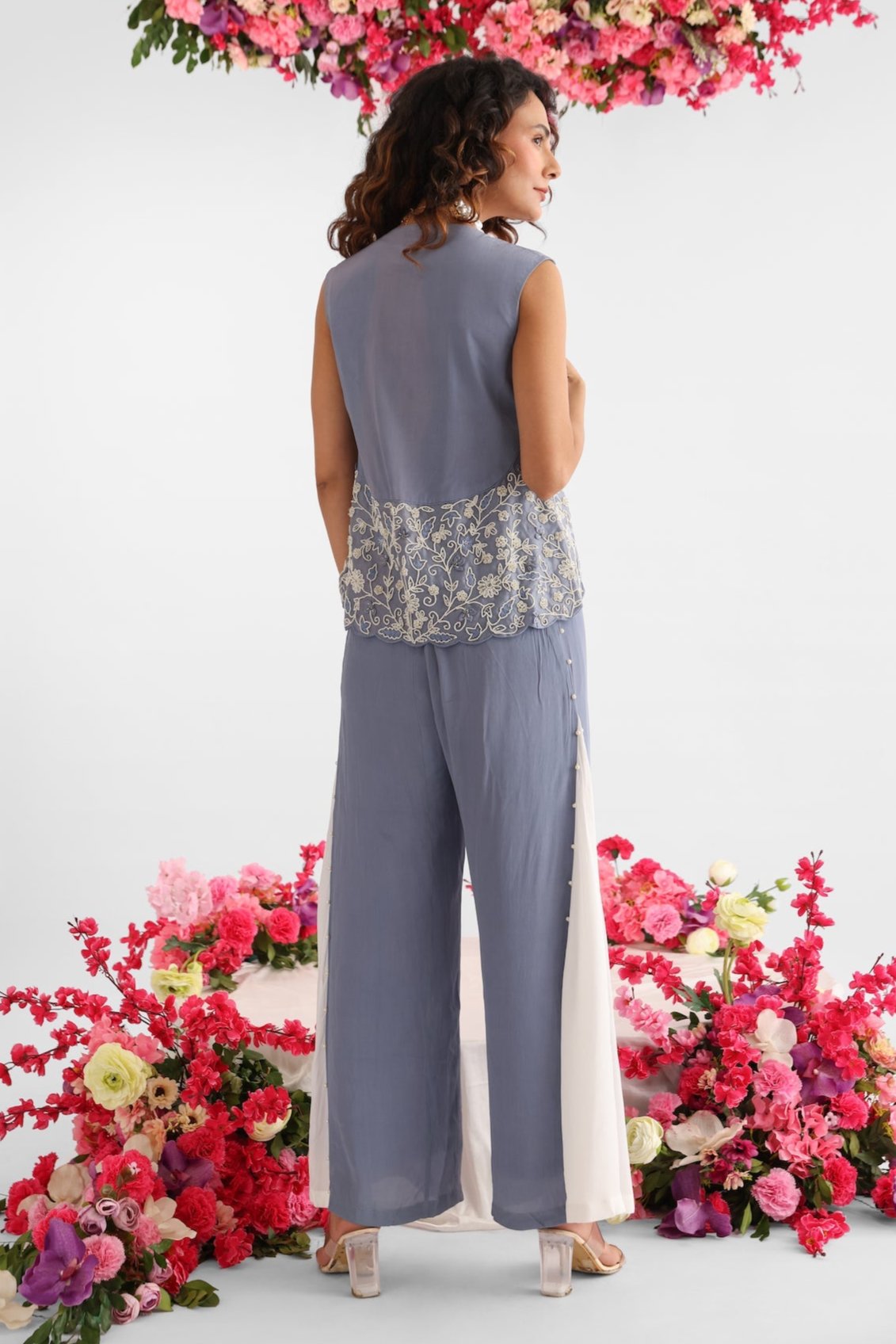 Icy Blue Organza Jacket And Pant Set