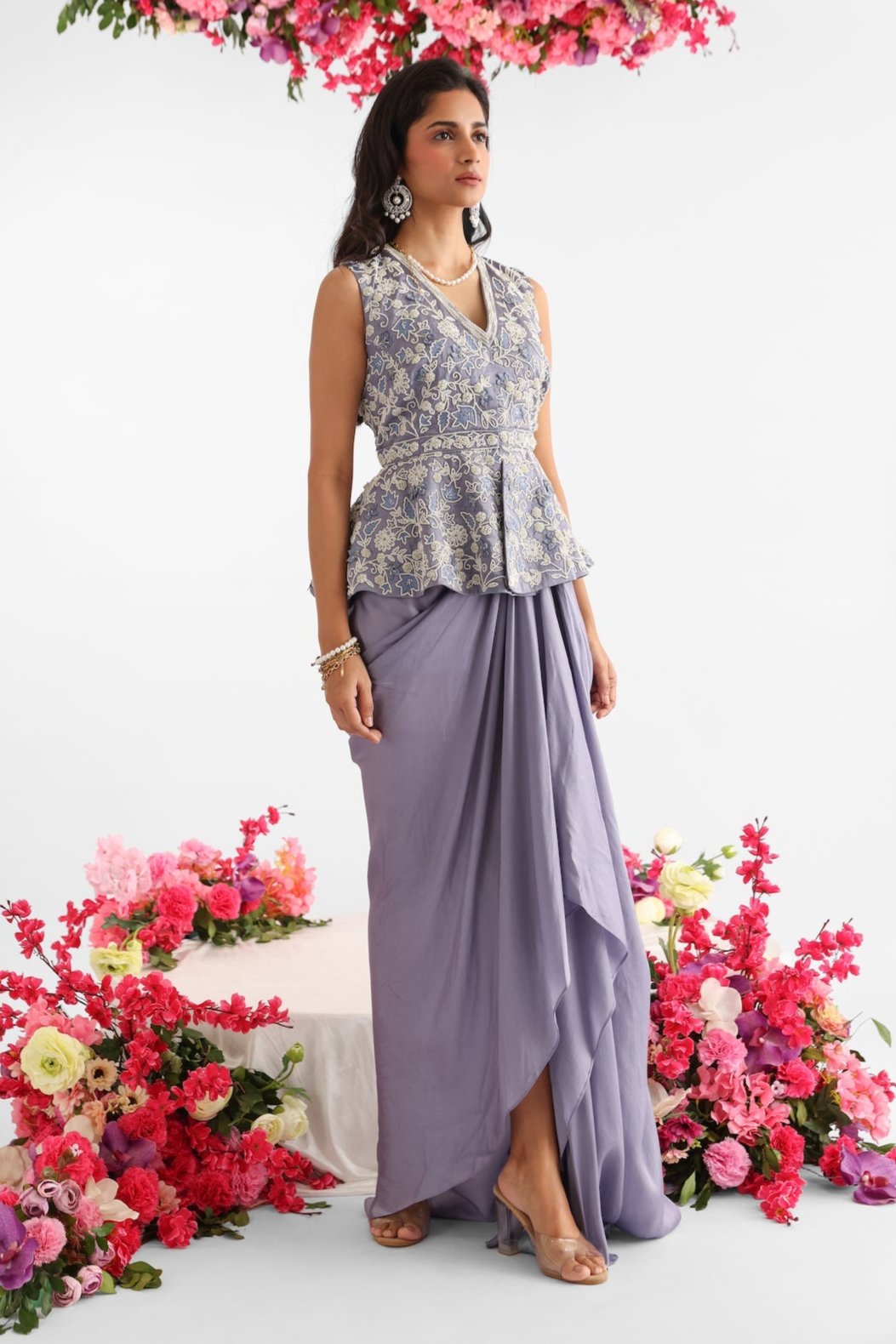 Icy Blue Peplum Top And Skirt Set