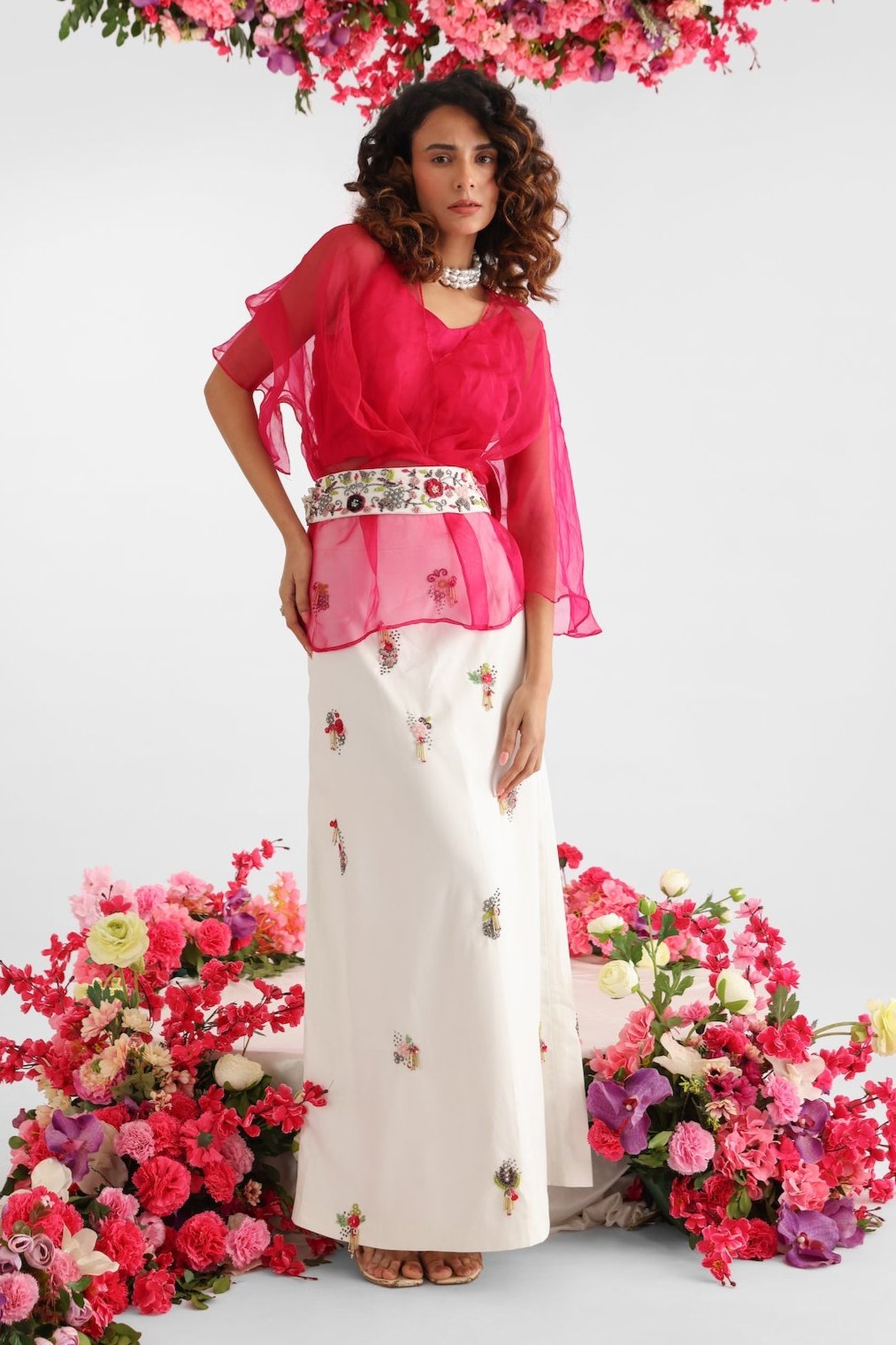 Pink And White Embroidered Skirt Set