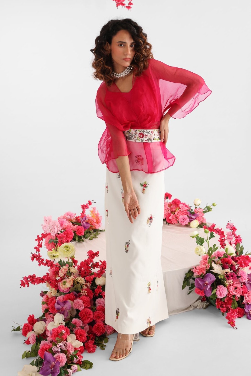 Pink And White Embroidered Skirt Set