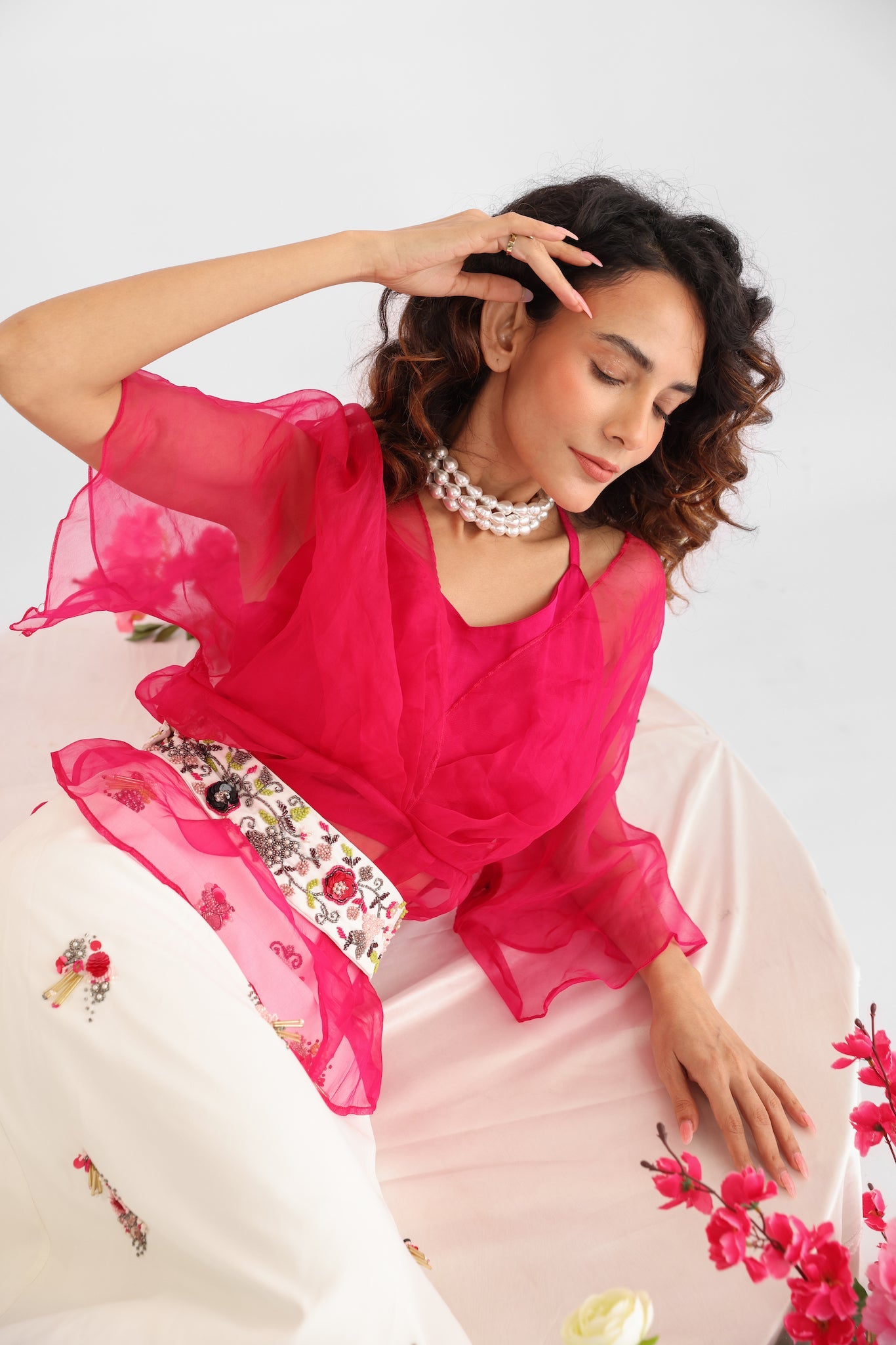 Pink And White Embroidered Skirt Set