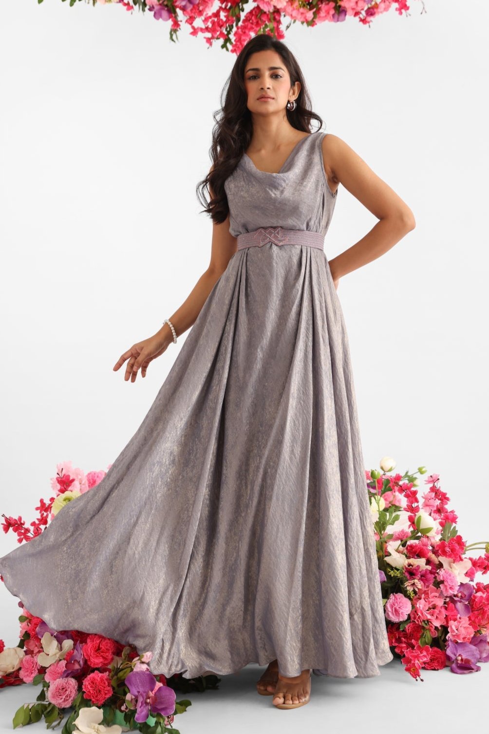 Grey Shimmer Cowl Neck Gown