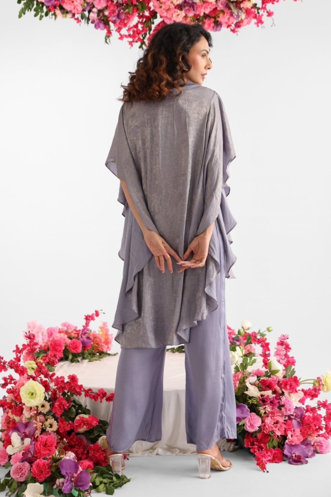 Grey Shimmering Petal Ruffle Jacket Set