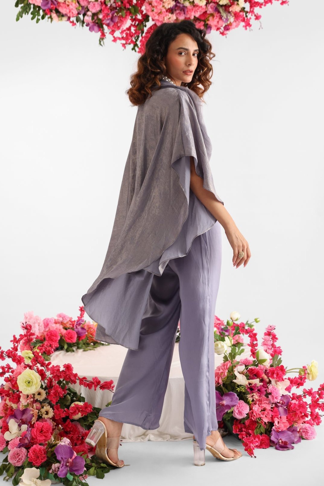 Grey Shimmering Petal Ruffle Jacket Set