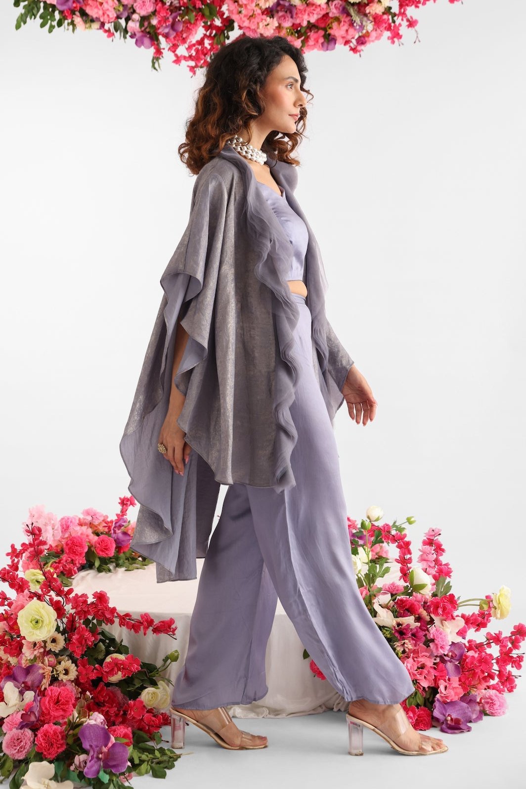 Grey Shimmering Petal Ruffle Jacket Set