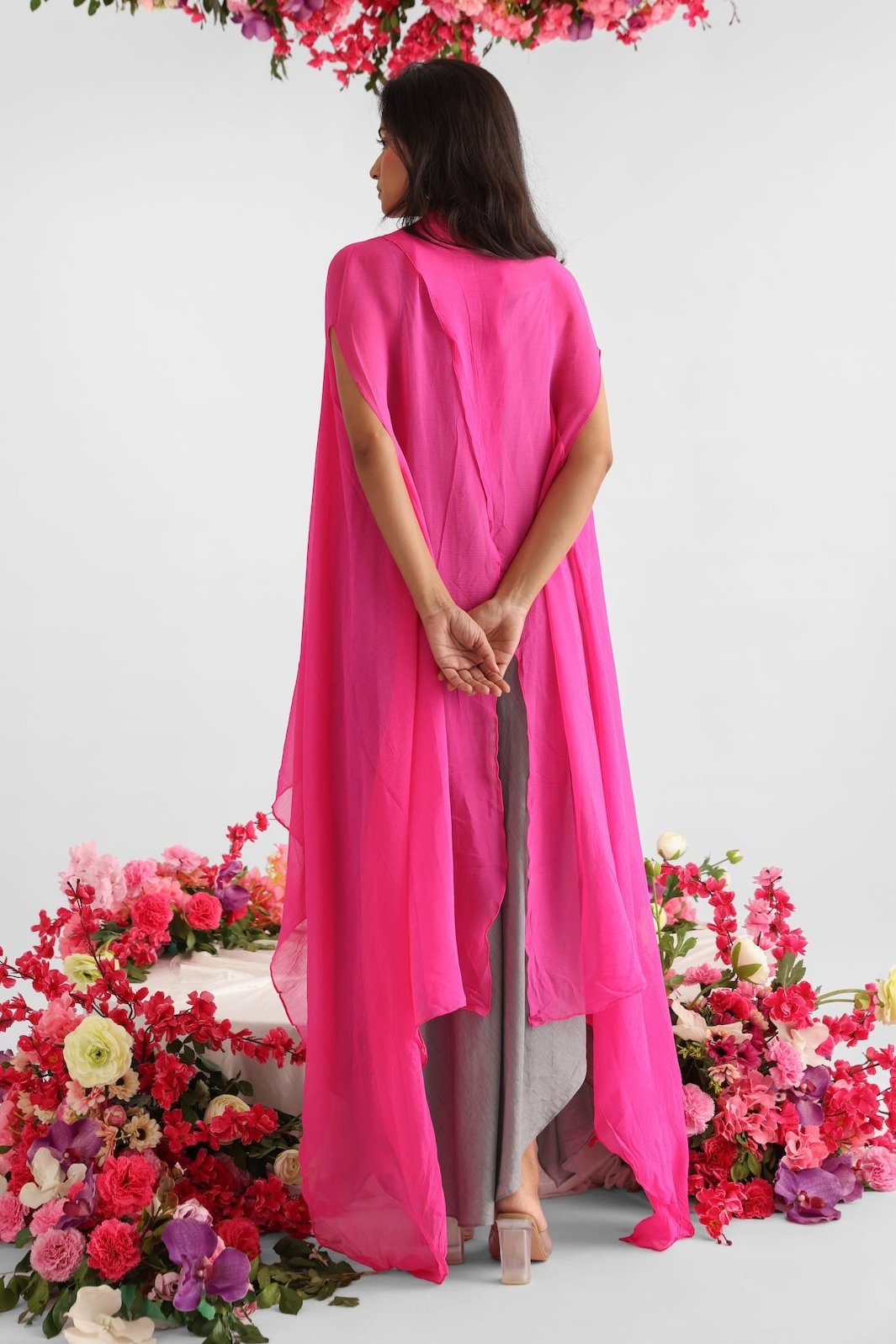 Grey Flowy Dress With Pink Chiffon Cape