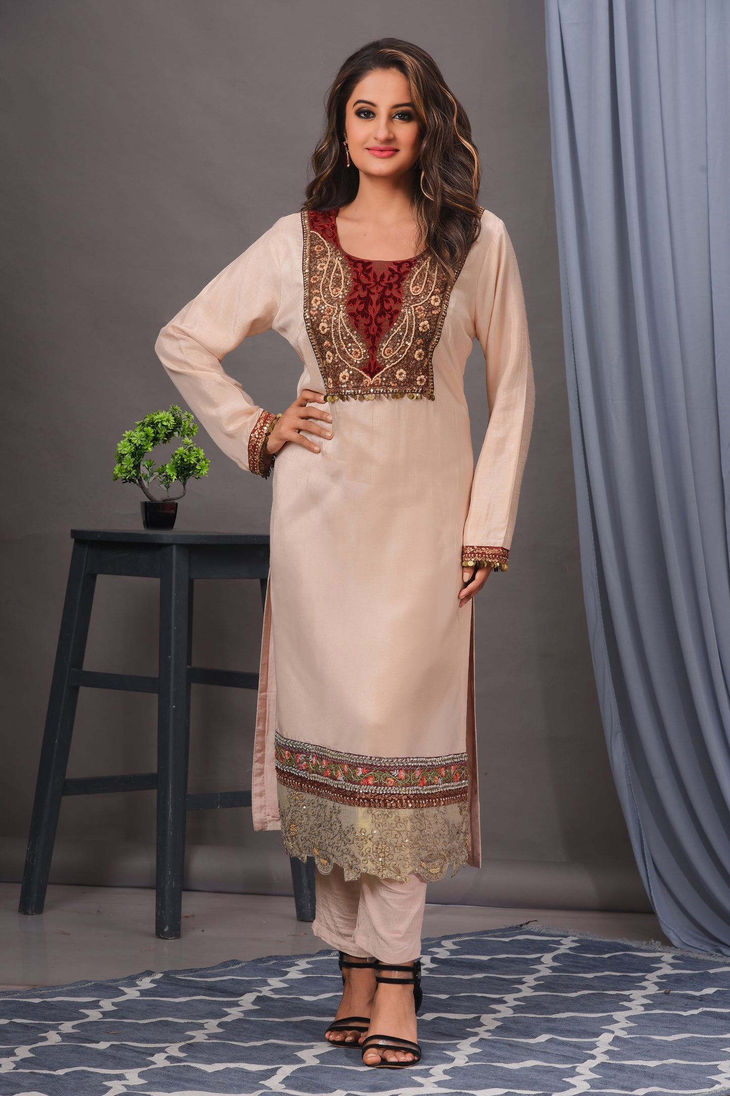 Light Peach Bamberg Silk Embroidered Straight Kurta Set