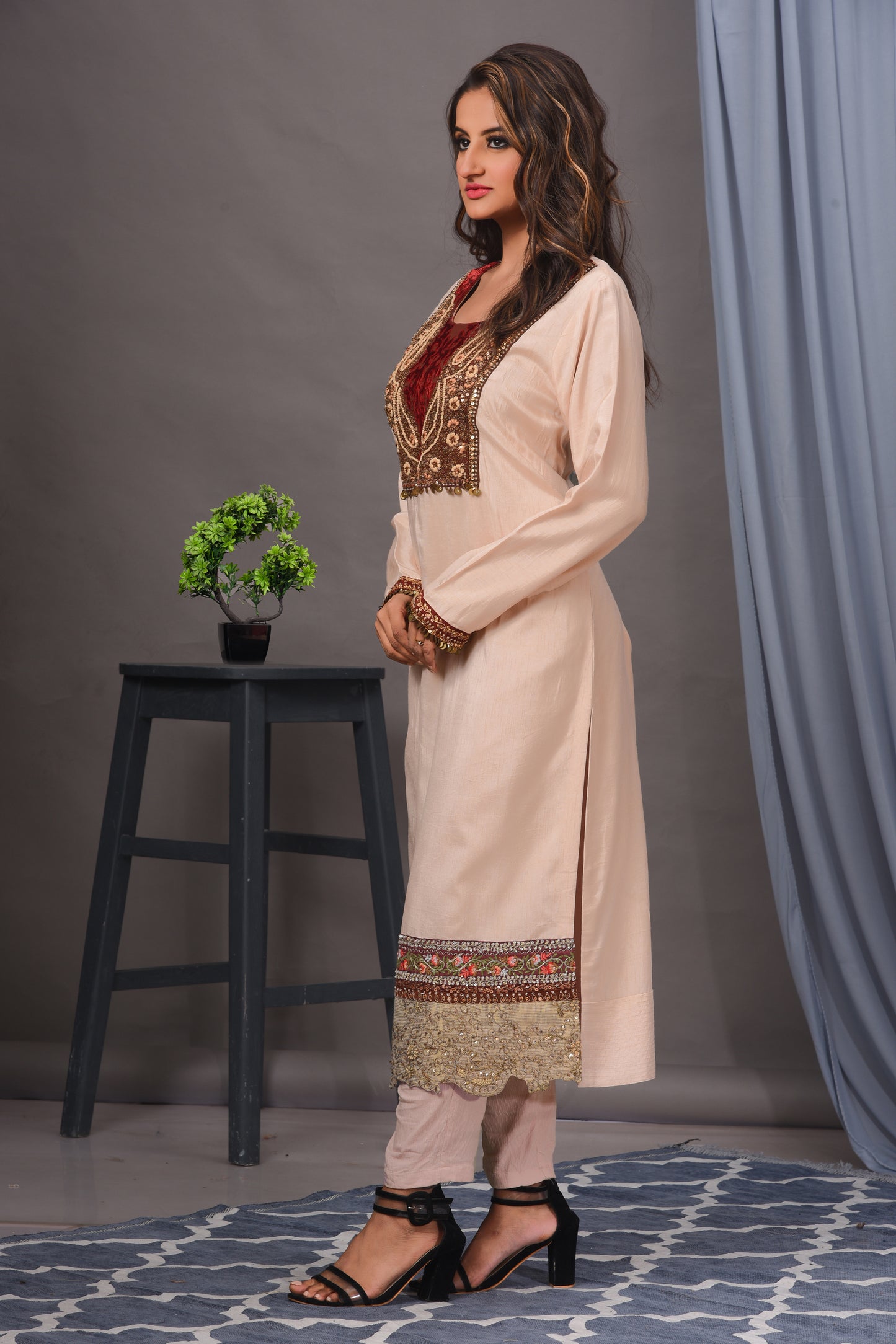 Light Peach Bamberg Silk Embroidered Straight Kurta Set