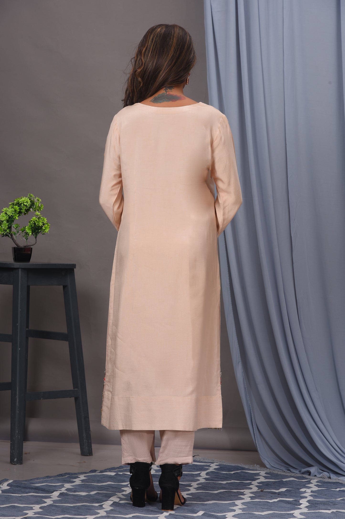 Light Peach Bamberg Silk Embroidered Straight Kurta Set