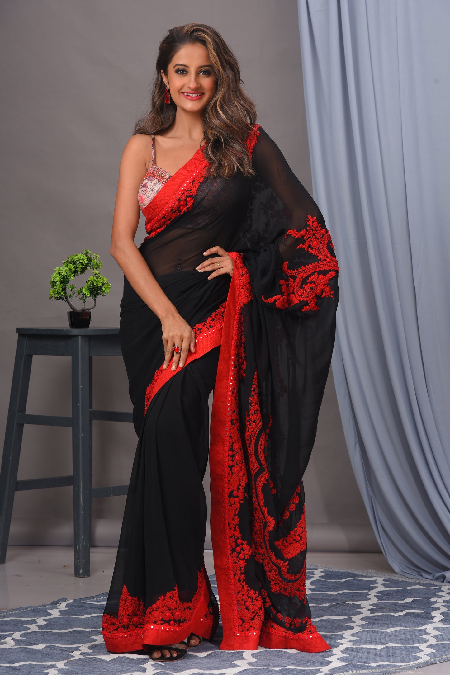 Black and Red Georgette Embroidered Saree Set