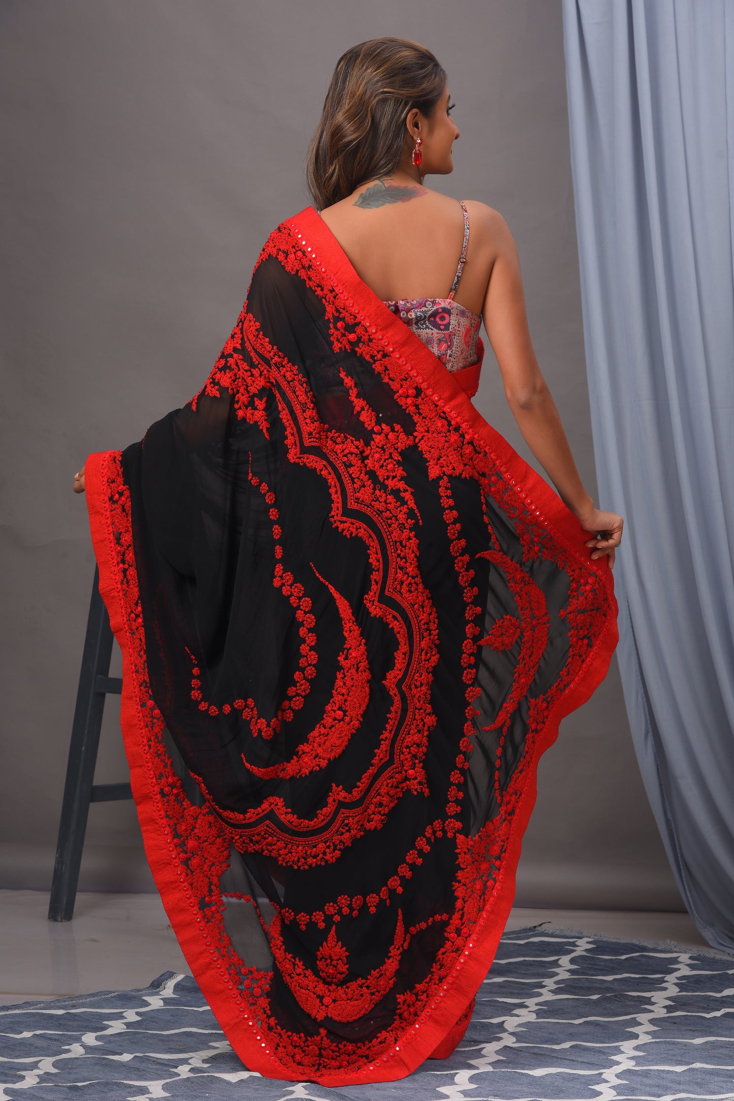 Black and Red Georgette Embroidered Saree Set