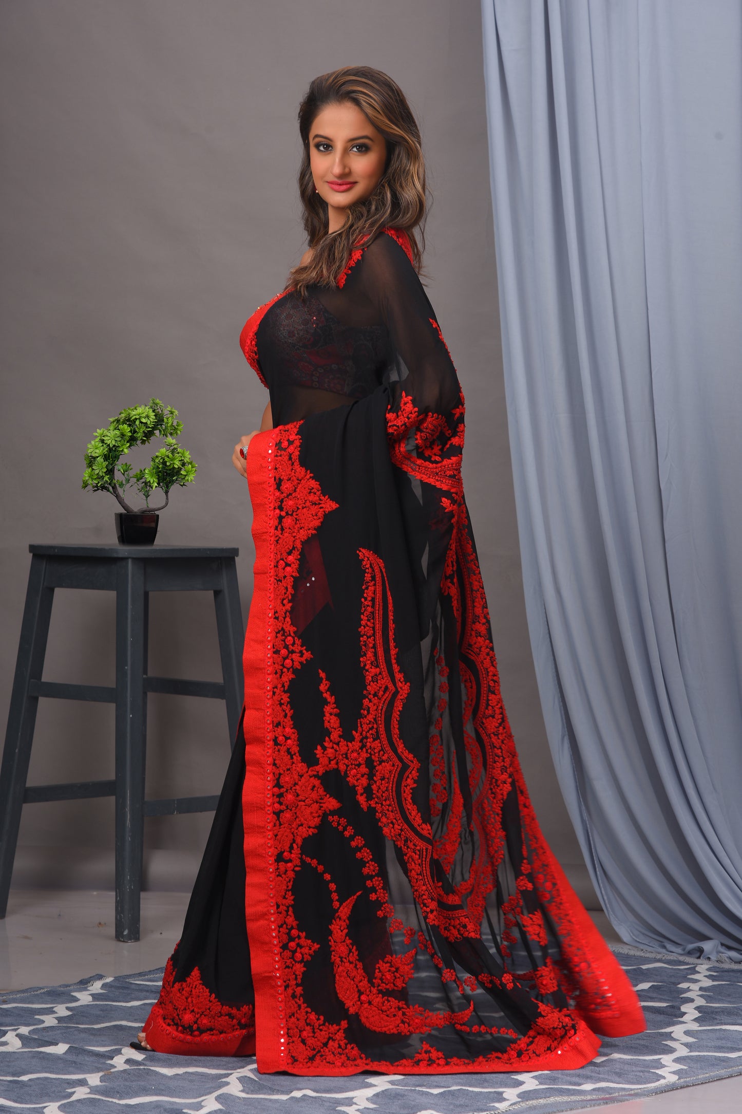 Black and Red Georgette Embroidered Saree Set