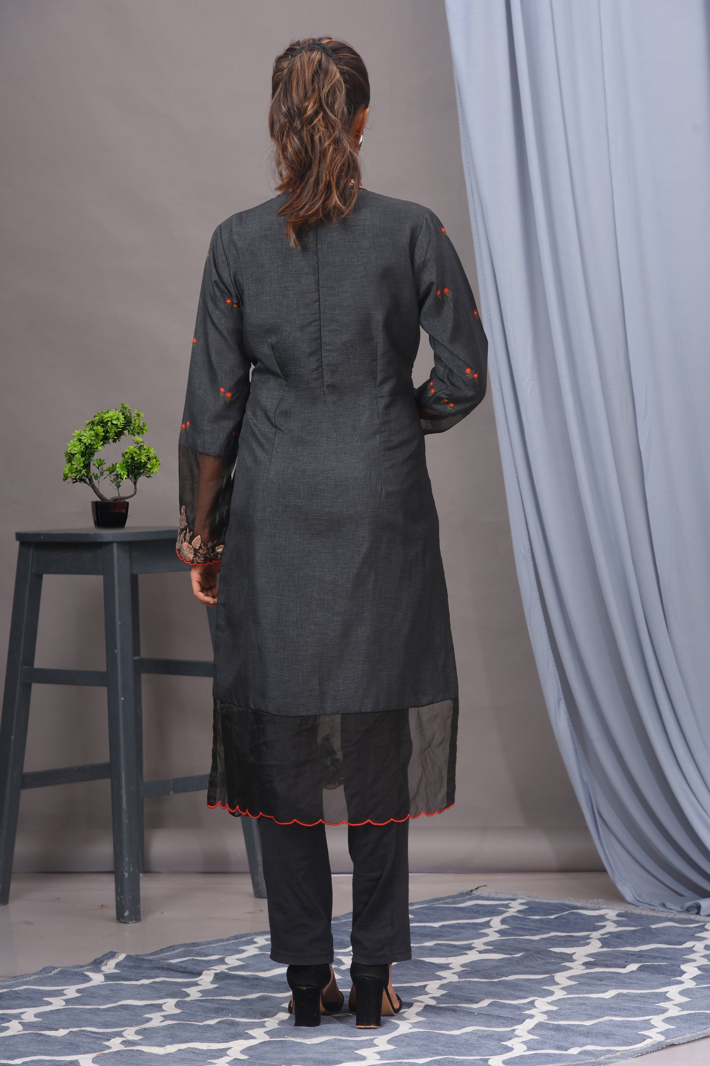 Greyish Black Silk and Organza Embroidered Straight Kurta Set