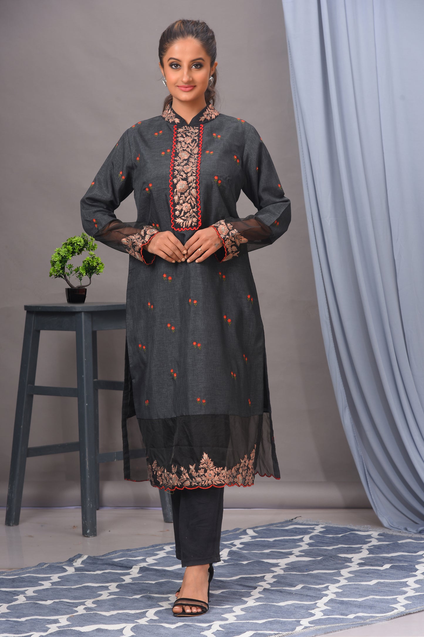 Greyish Black Silk and Organza Embroidered Straight Kurta Set