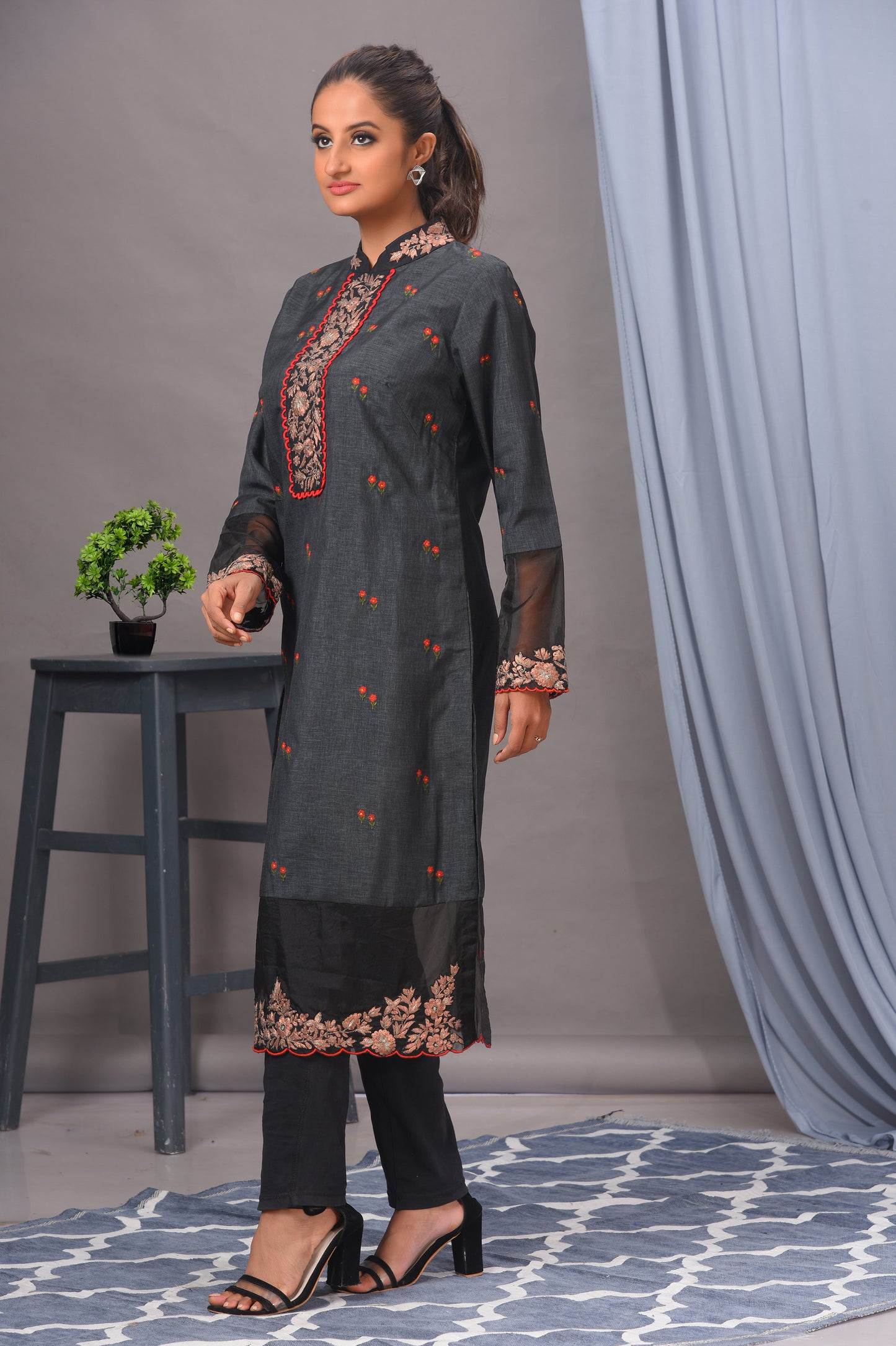 Greyish Black Silk and Organza Embroidered Straight Kurta Set