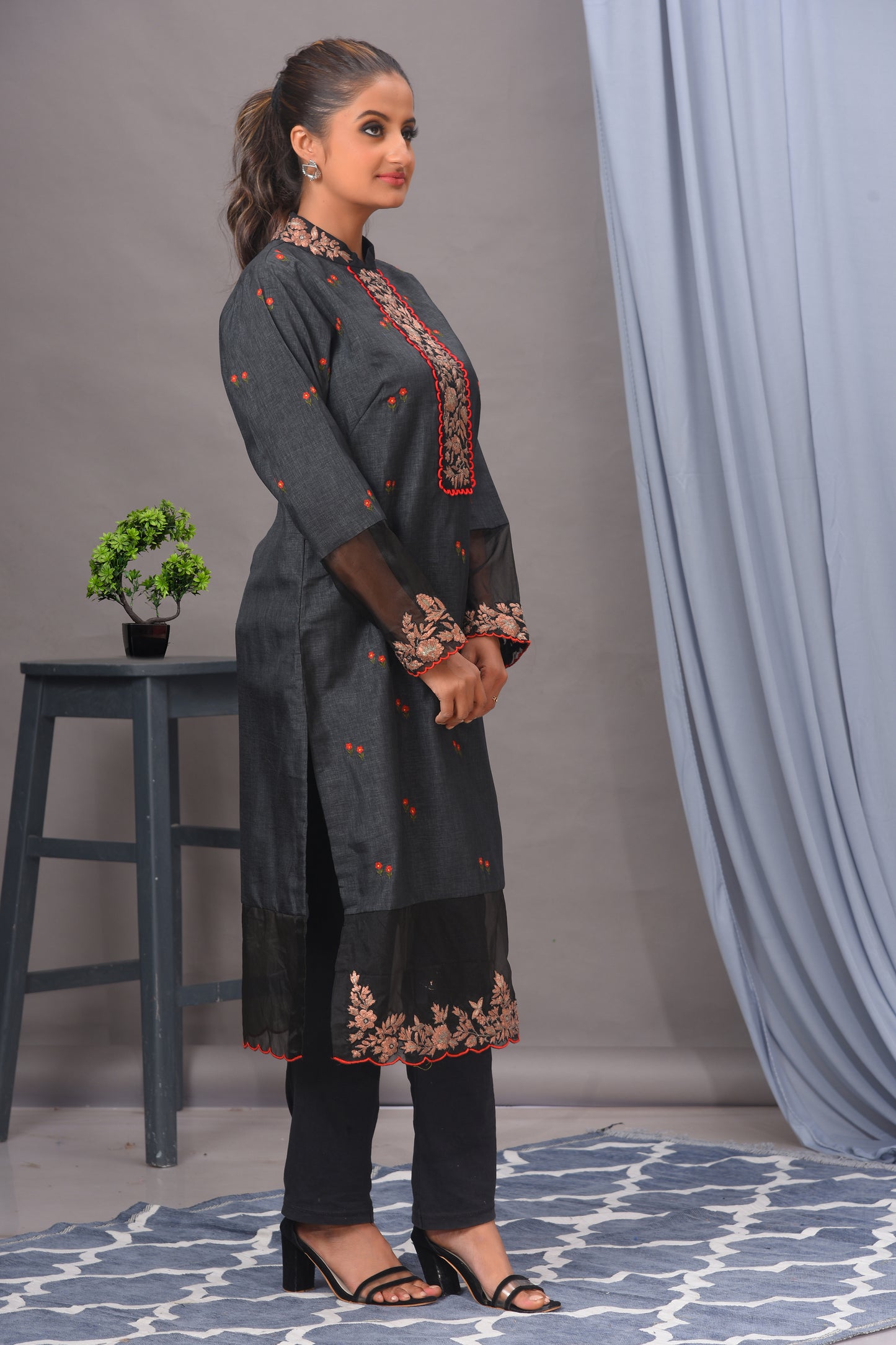 Greyish Black Silk and Organza Embroidered Straight Kurta Set