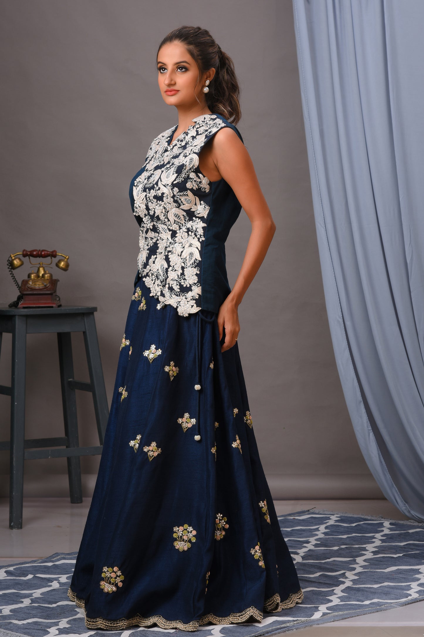 Deep Persian Blue Bamberg Silk Embroidered Skirt Set
