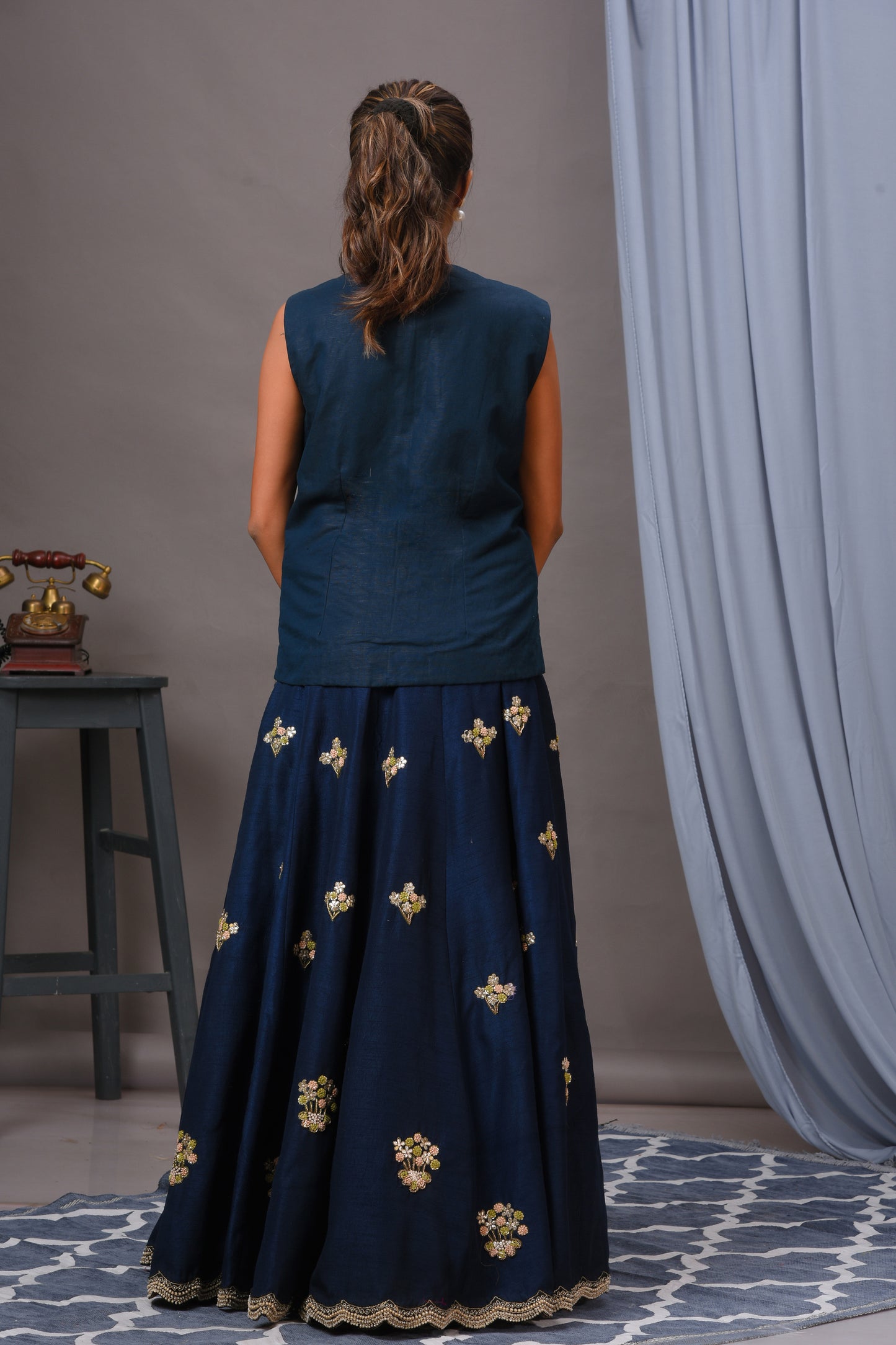 Deep Persian Blue Bamberg Silk Embroidered Skirt Set