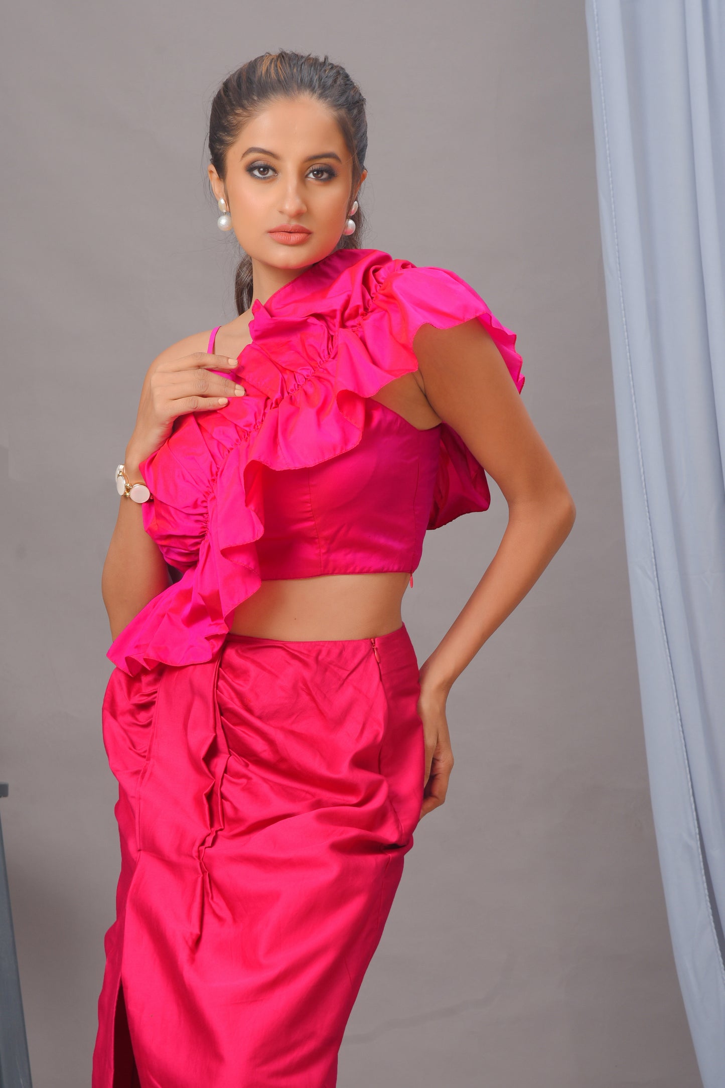 Fuchsia Pink Blended Cotton Draped Skirt Set