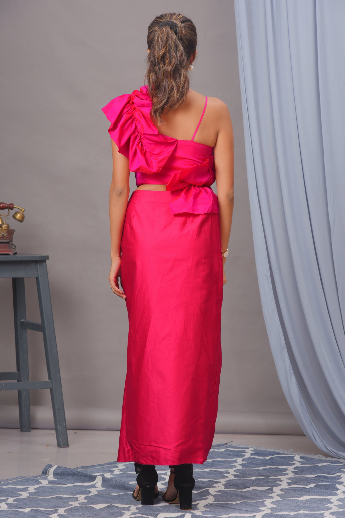 Fuchsia Pink Blended Cotton Draped Skirt Set