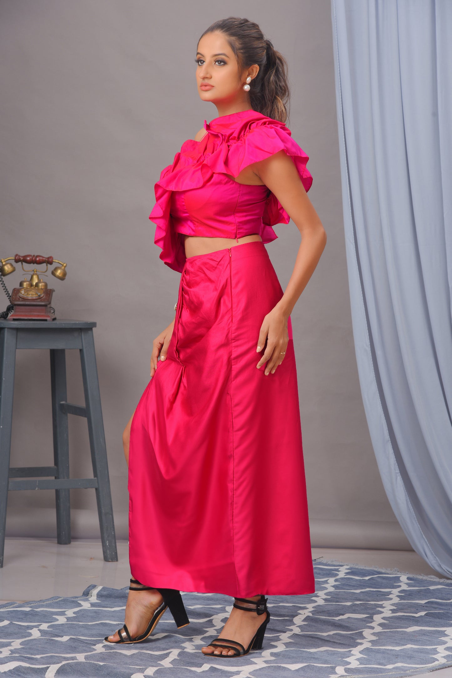 Fuchsia Pink Blended Cotton Draped Skirt Set